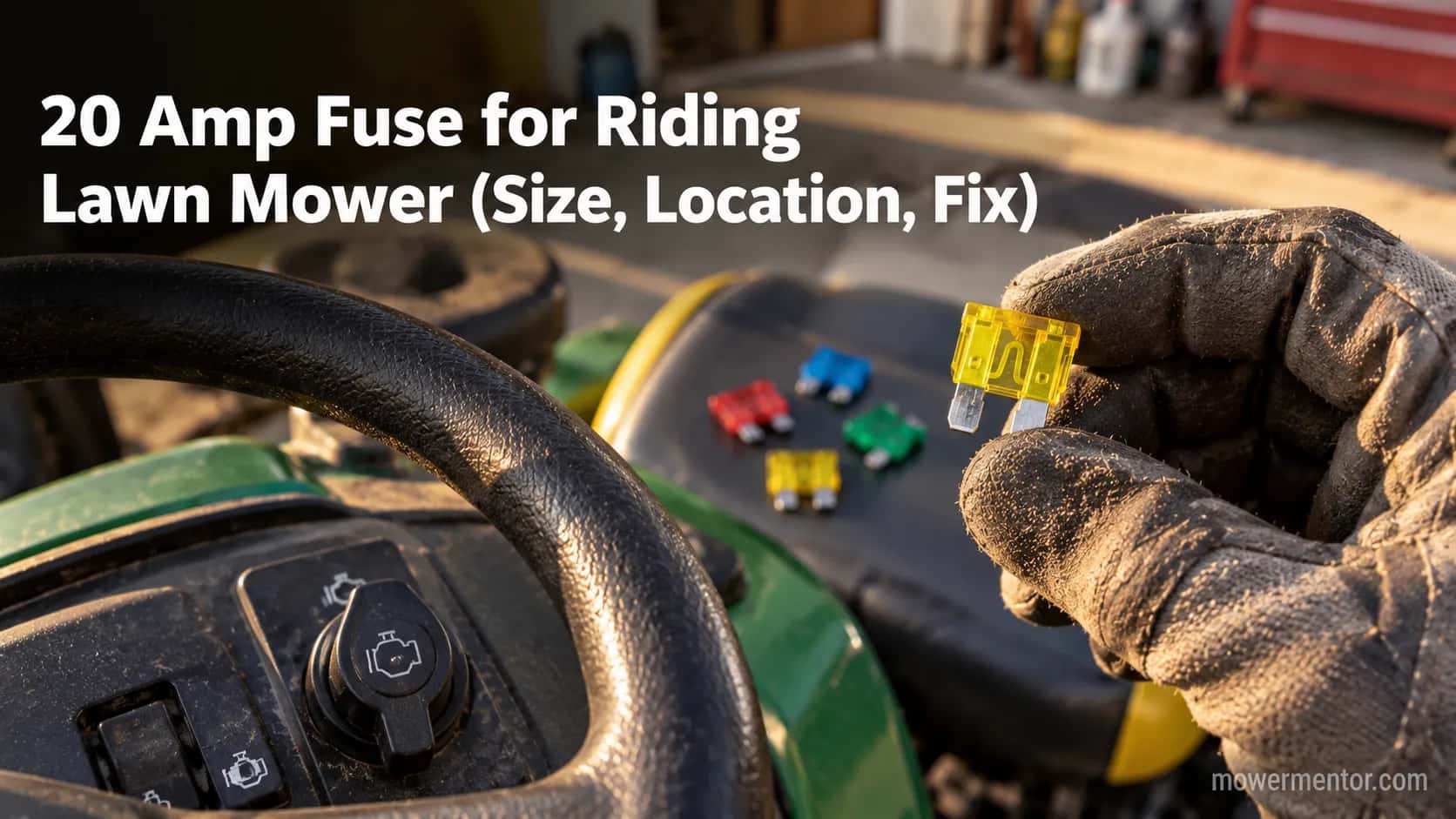 A yellow 20 amp blade fuse held in a gloved hand above a riding lawn mower dashboard.