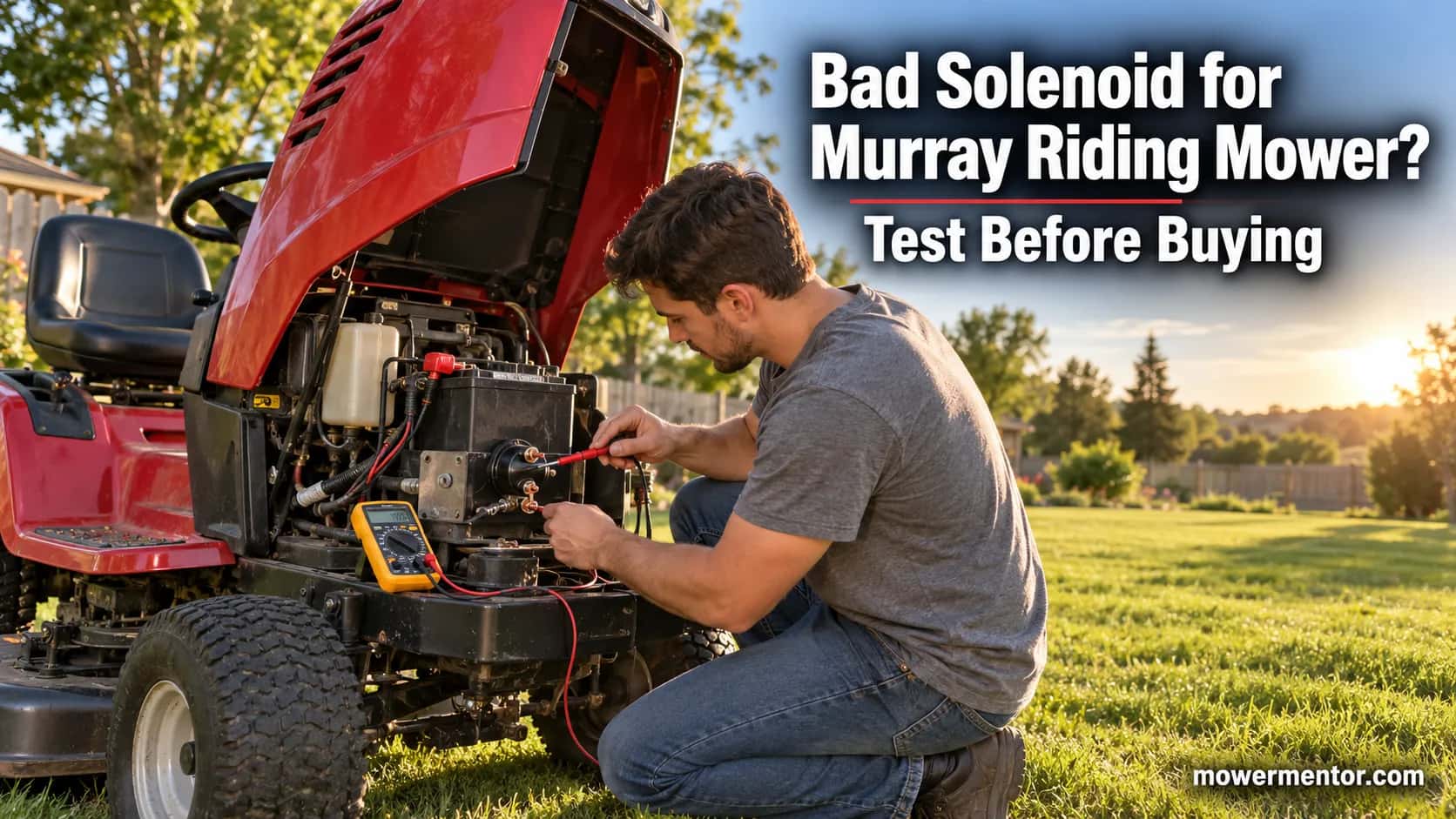 Homeowner testing the starter solenoid on a red Murray riding mower with a multimeter.
