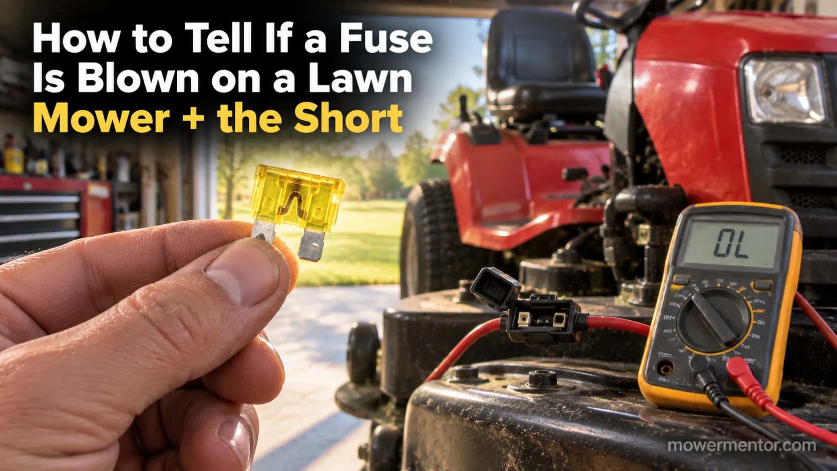 hands holding a blown 20-amp blade fuse beside a riding mower fuse holder and a multimeter reading OL