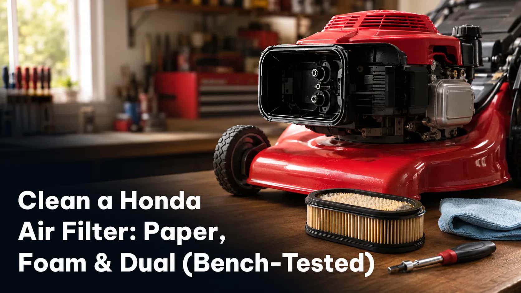 Honda-style walk-behind mower engine on a garage workbench with the air cleaner open and a paper air filter beside it, plus a shop rag and nut driver, prepared for air filter maintenance.