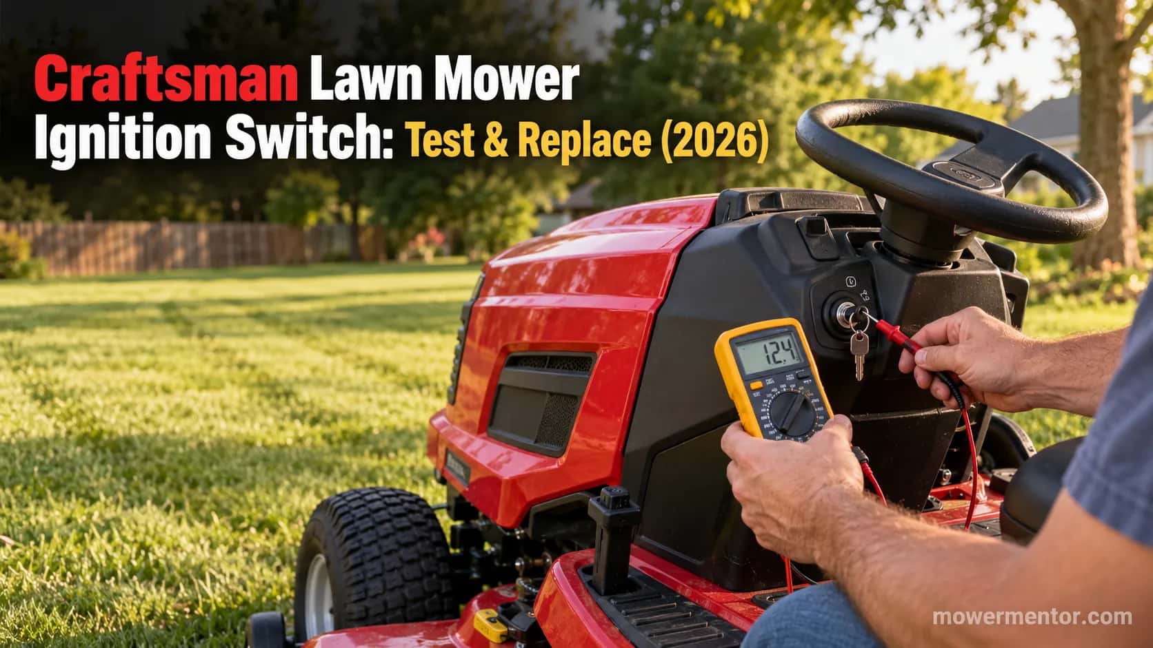 Craftsman riding mower with a multimeter held at the ignition key for a switch test.