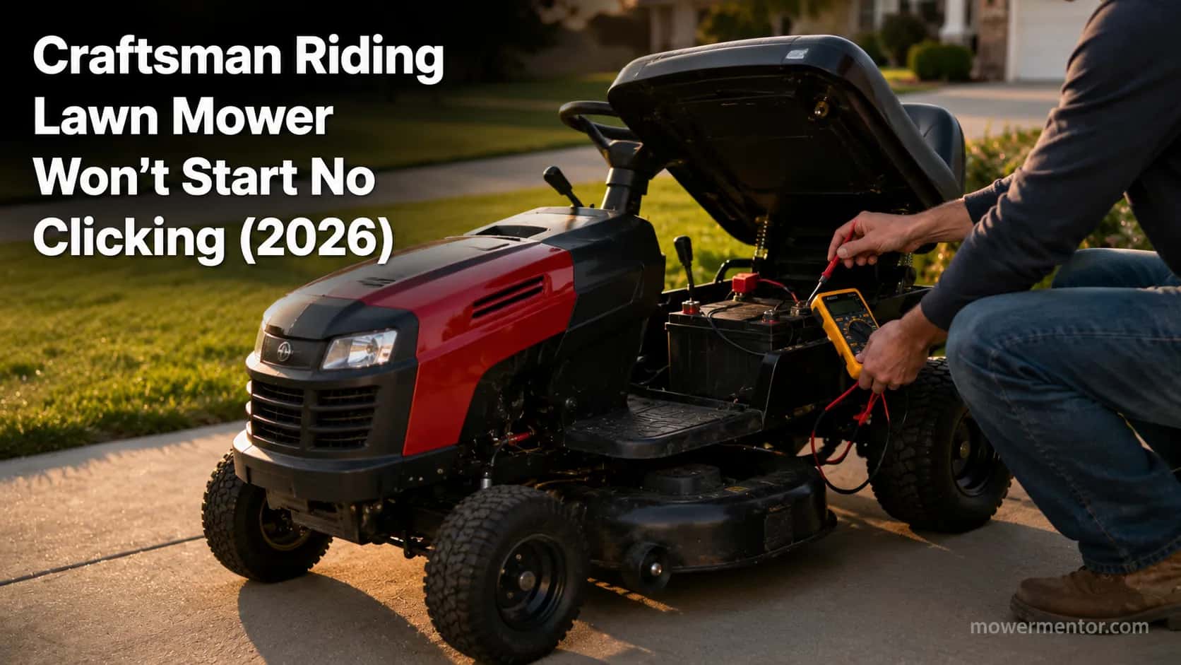 Homeowner testing a Craftsman riding lawn mower battery with a multimeter on a driveway at golden hour.