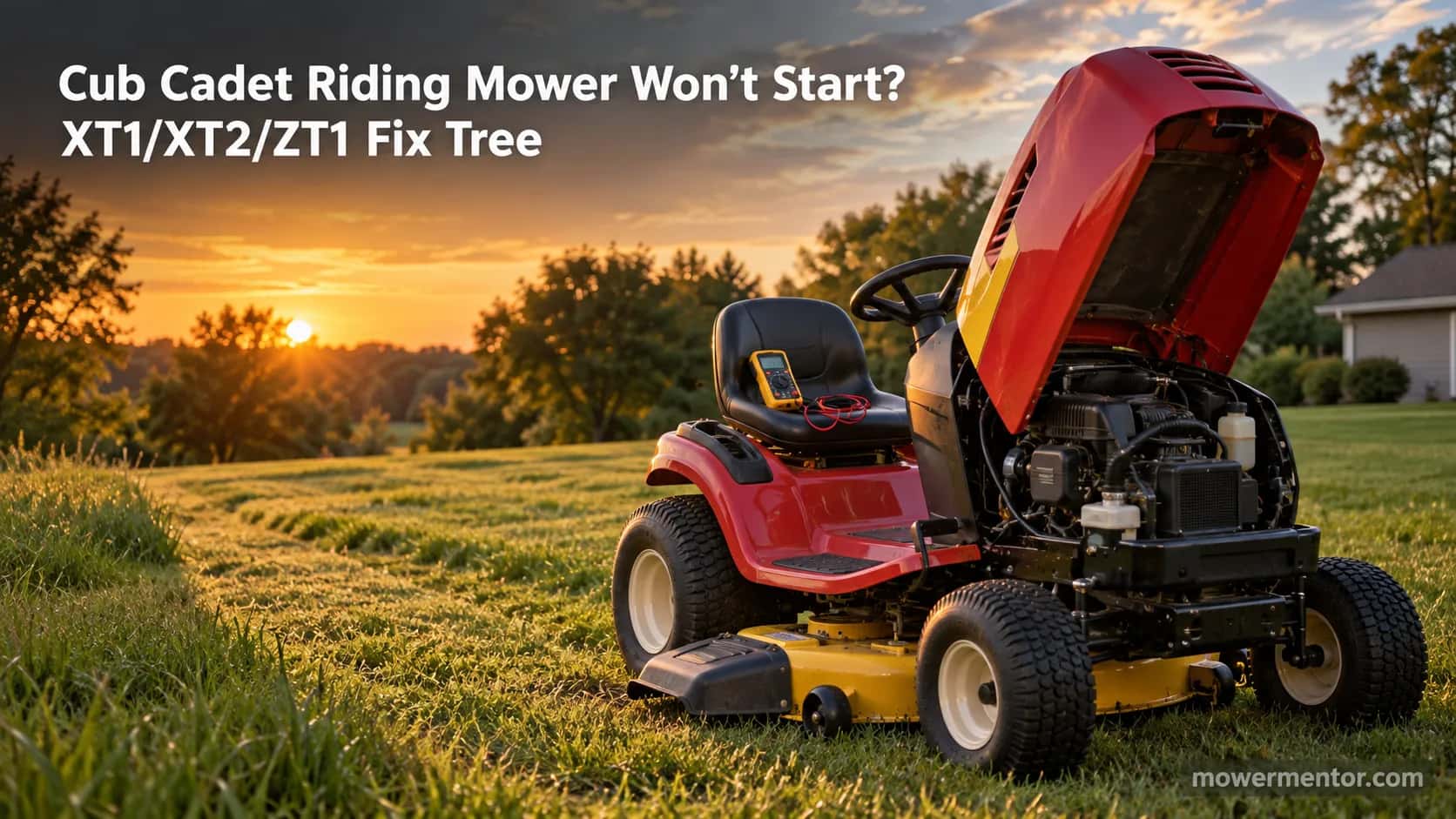 Cub Cadet riding lawn mower with its hood up and a multimeter on the seat on a half-mown lawn.