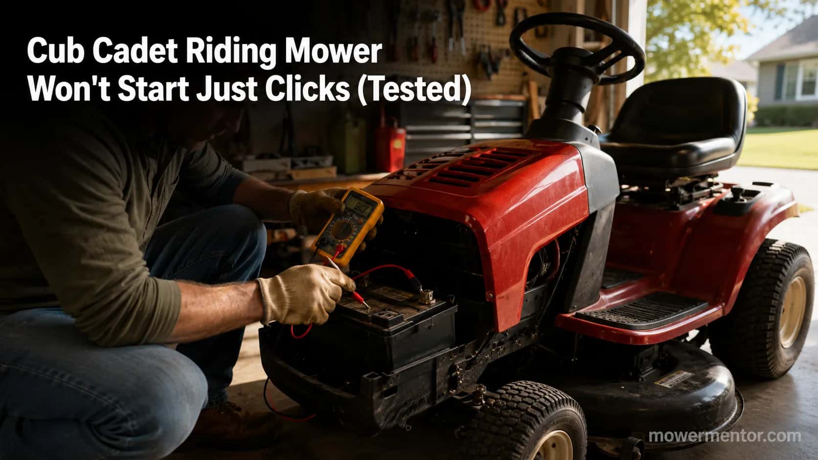 Testing the battery with a multimeter on a Cub Cadet riding mower that won't start and just clicks.