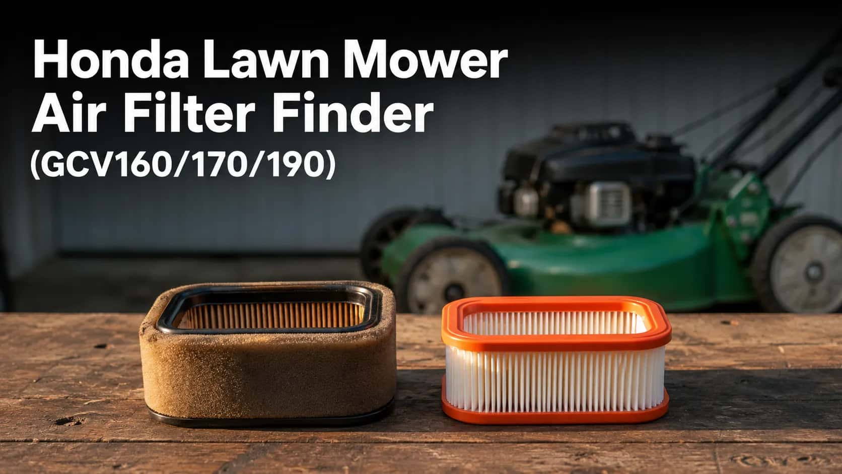 Two Honda walk-behind lawn mower air filters on a wooden workbench, showing an older foam-wrapped filter beside a newer white pleated paper filter with orange trim and a blurred mower behind.