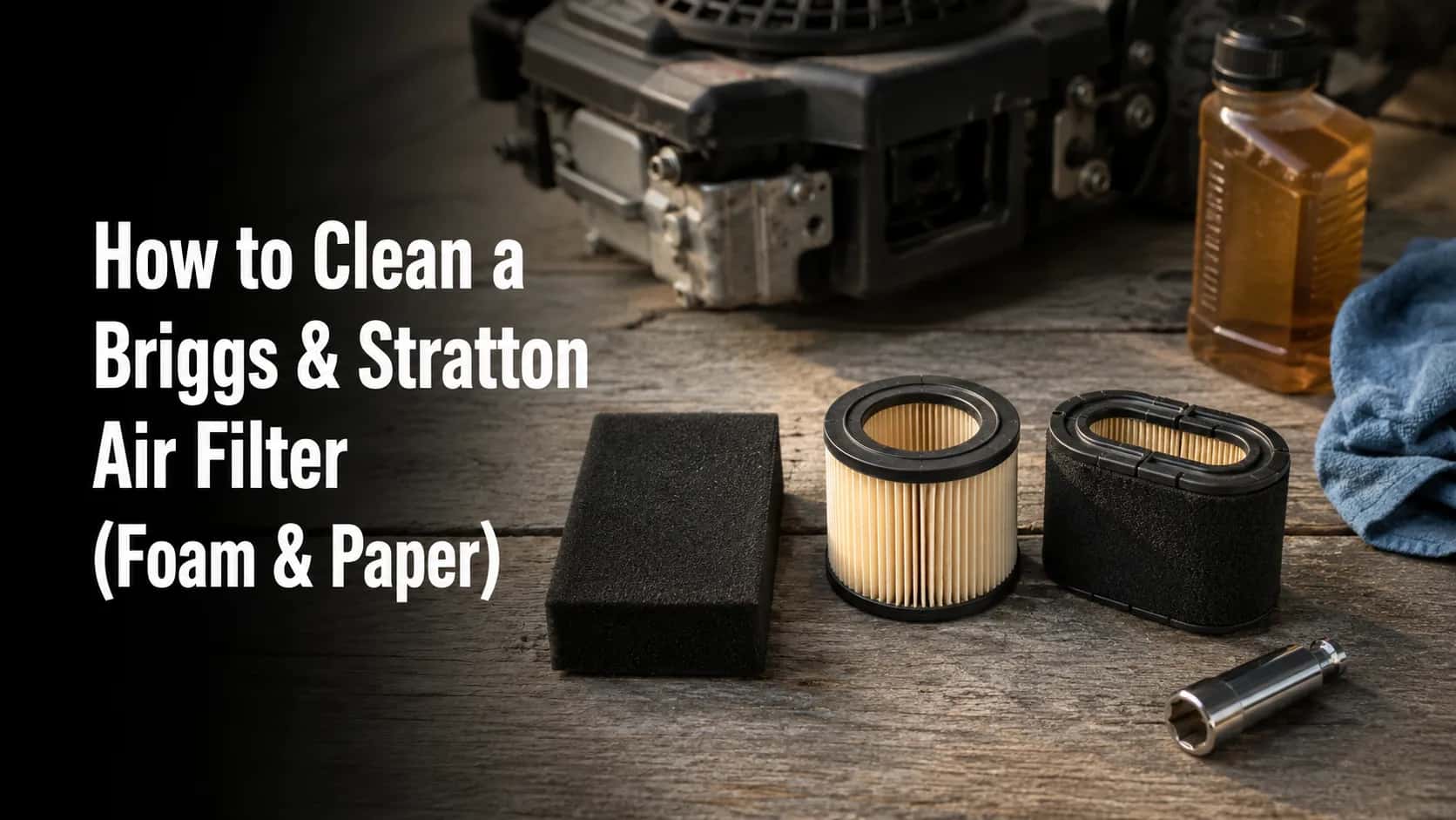 Foam, paper, and dual-element Briggs & Stratton lawn mower air filters on a workbench.