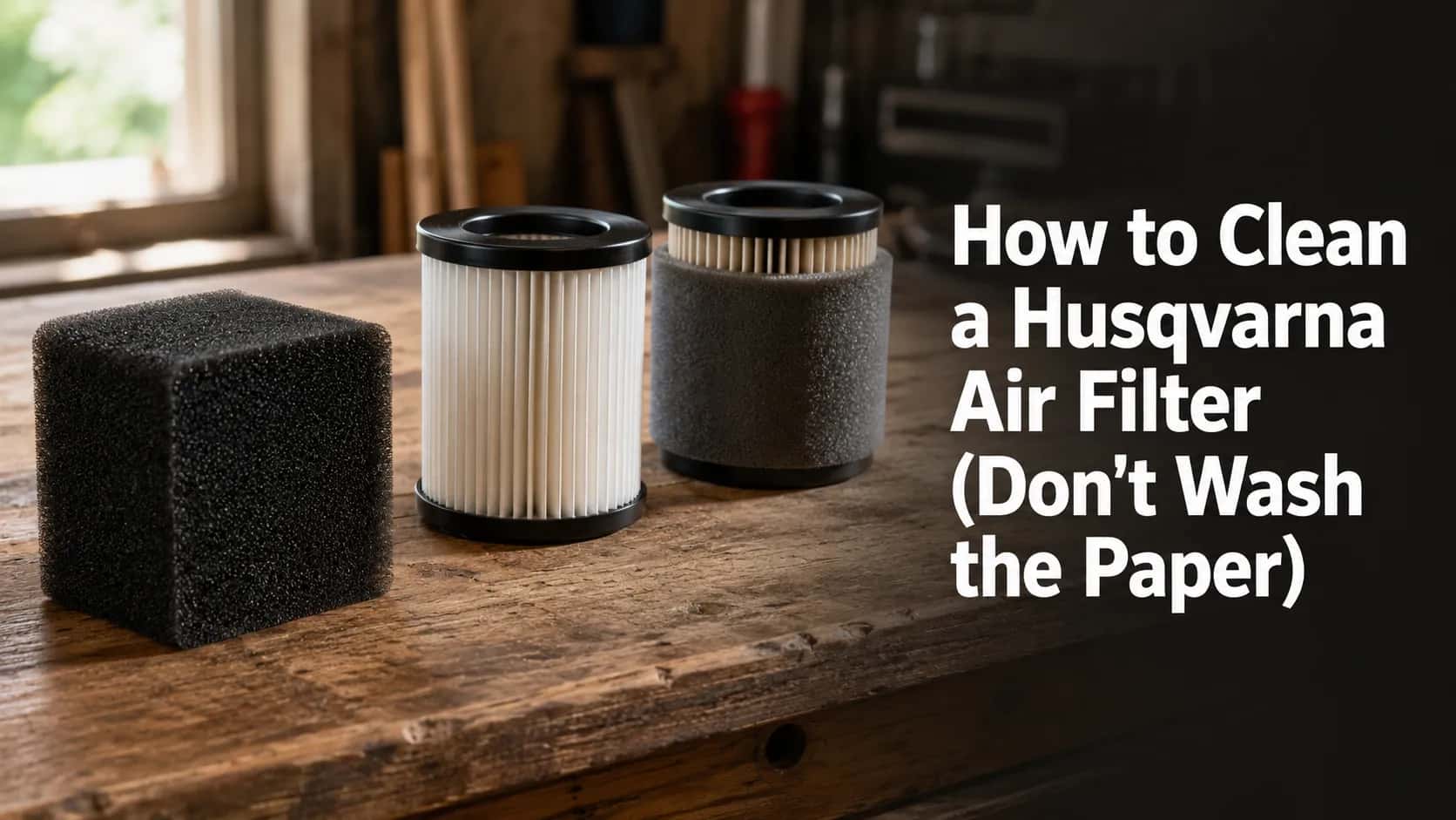 Three Husqvarna lawn mower air filters on a wooden workbench showing foam, paper cartridge, and dual-stage foam-wrapped filter with guide on cleaning and identifying each type.