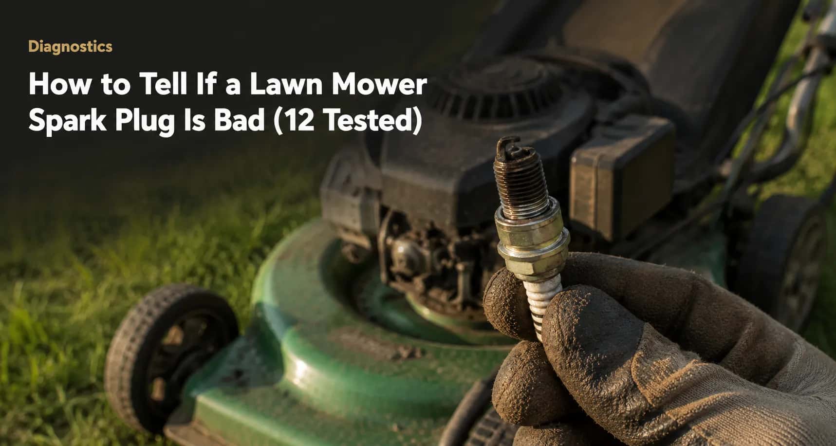 Work-gloved hand holding a sooty lawn mower spark plug in front of a walk-behind mower engine, illustrating common signs of a bad spark plug for troubleshooting and maintenance.