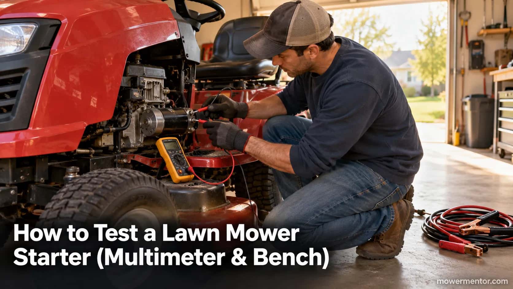 Testing a lawn mower starter with a multimeter and jumper cables in a garage