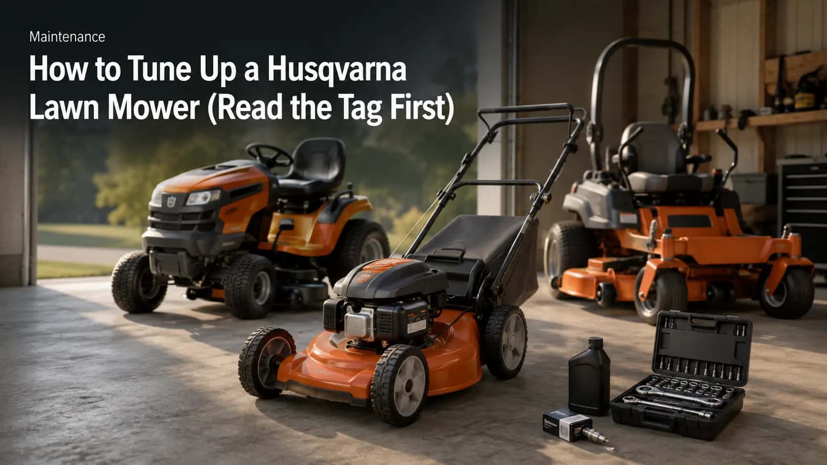 Three orange lawn mowers staged for a spring tune-up in a garage, with a walk-behind mower in front, riding tractor and zero-turn behind, plus maintenance tools and supplies on the floor.