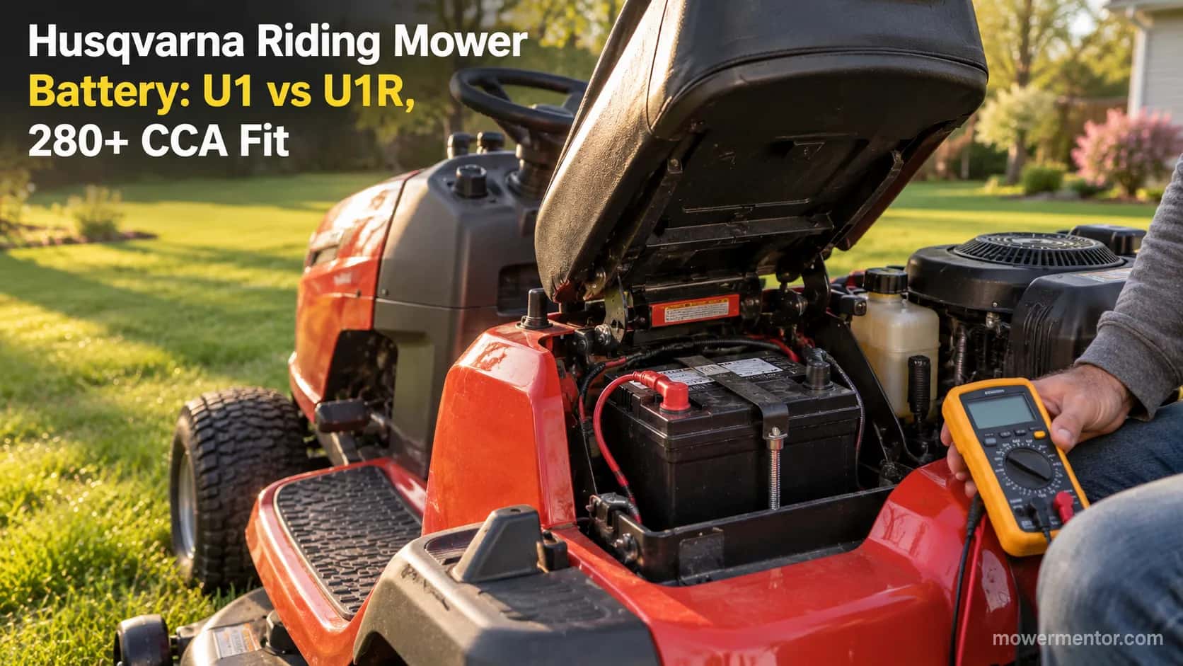 Husqvarna riding mower with its 12V battery exposed and a multimeter during a spring battery check.