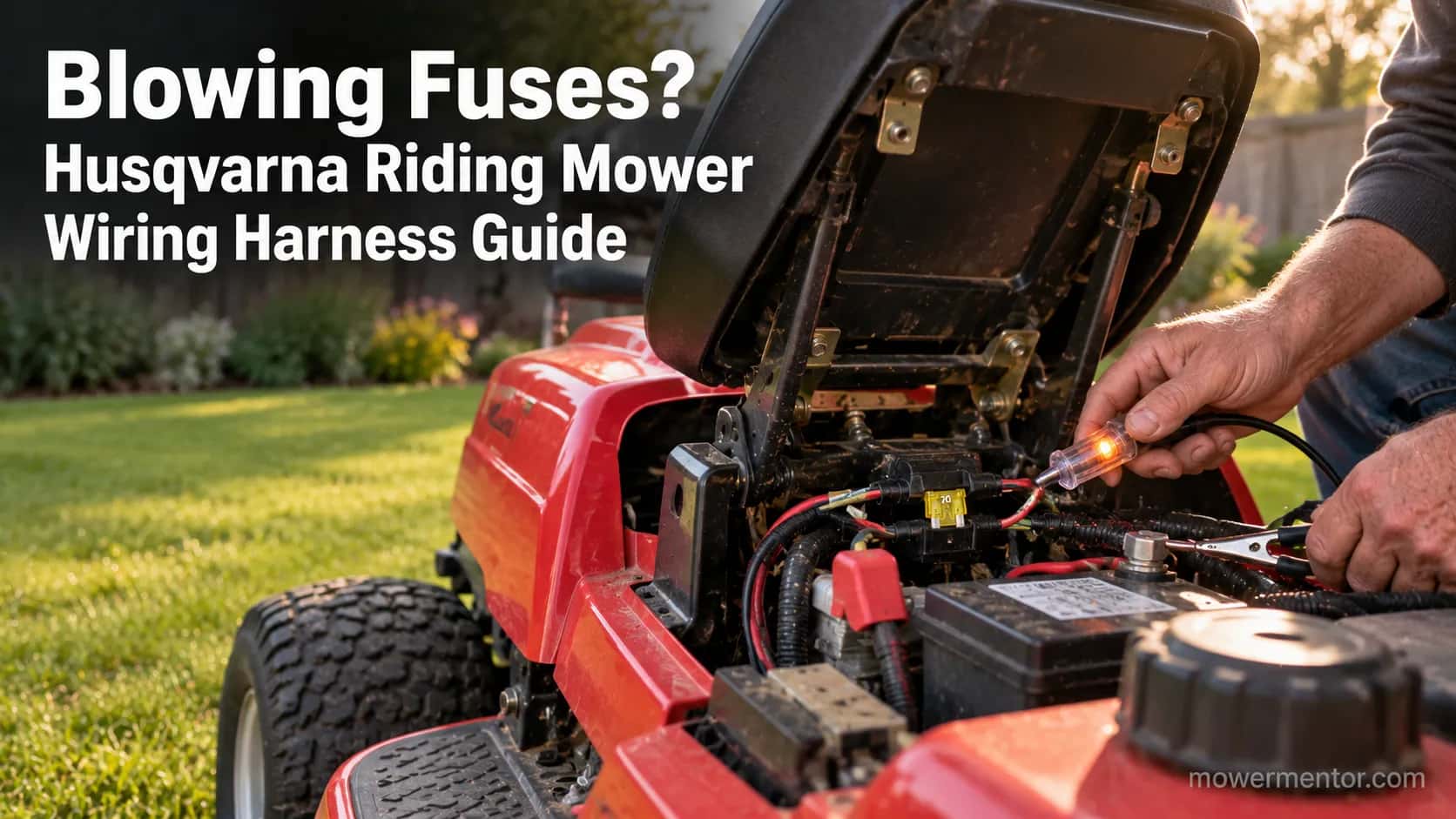 Homeowner checking the fuse on a Husqvarna riding mower wiring harness with a test light