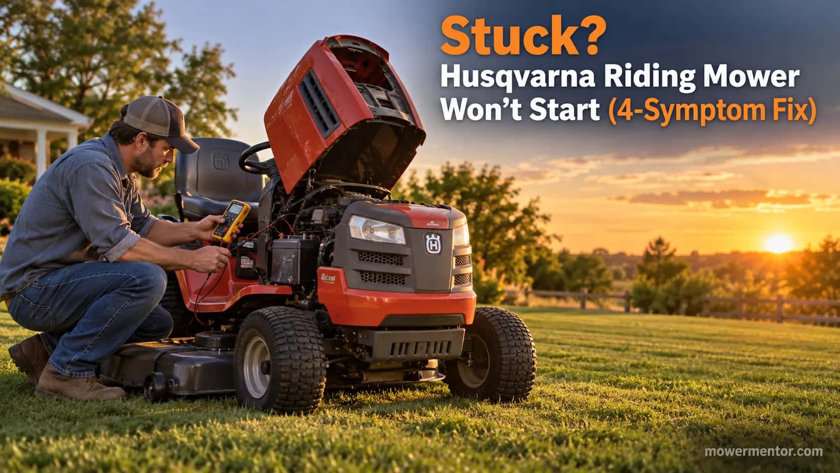 Homeowner testing a Husqvarna riding mower that won't start with a multimeter