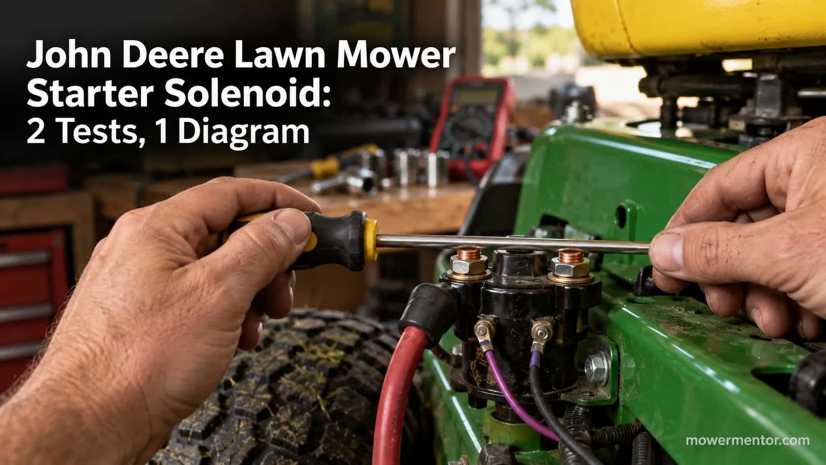 Jumping a John Deere lawn mower starter solenoid by bridging the two large posts with a screwdriver.
