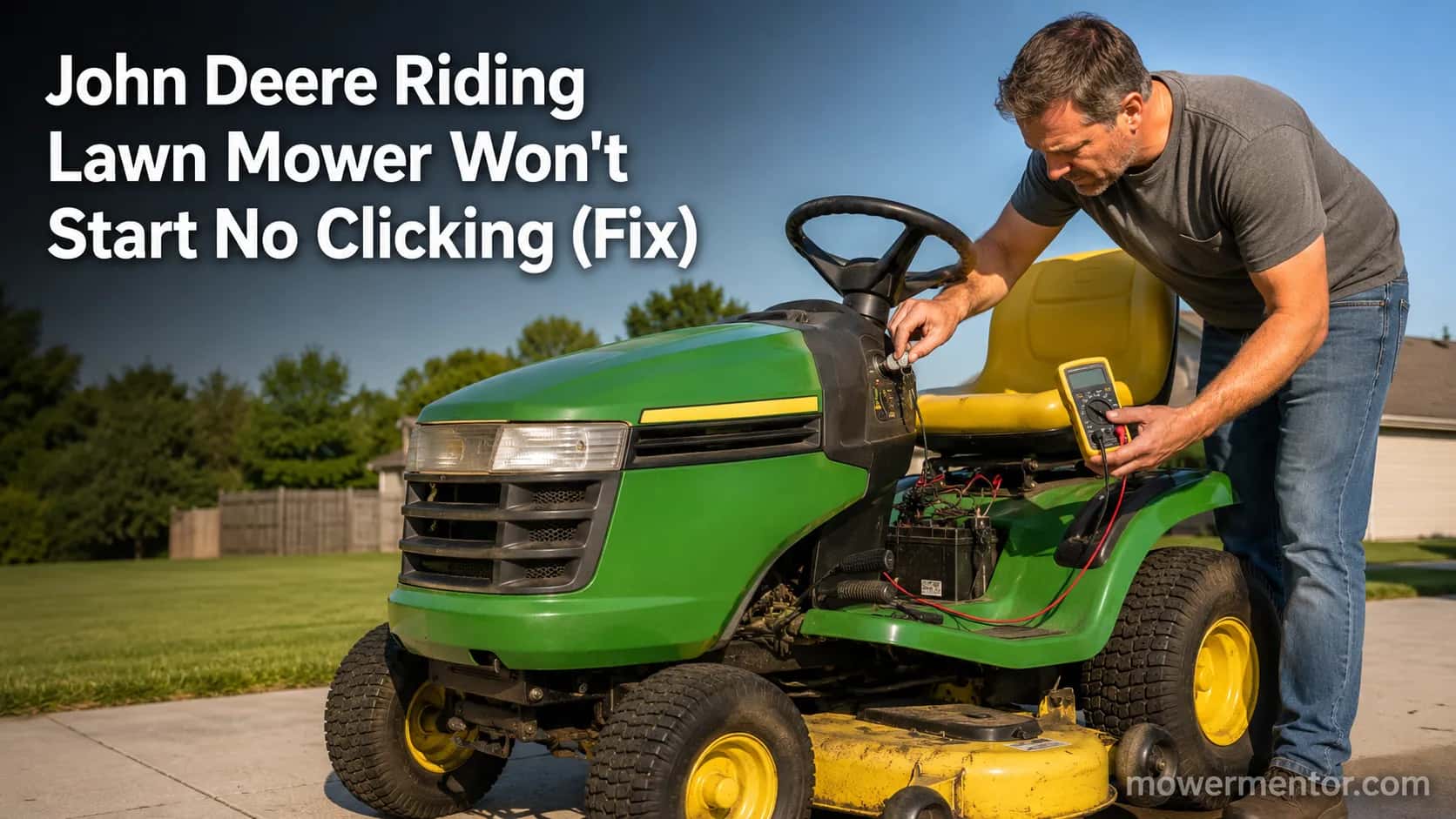 John Deere riding lawn mower that won't start with no clicking while owner tests it with a multimeter