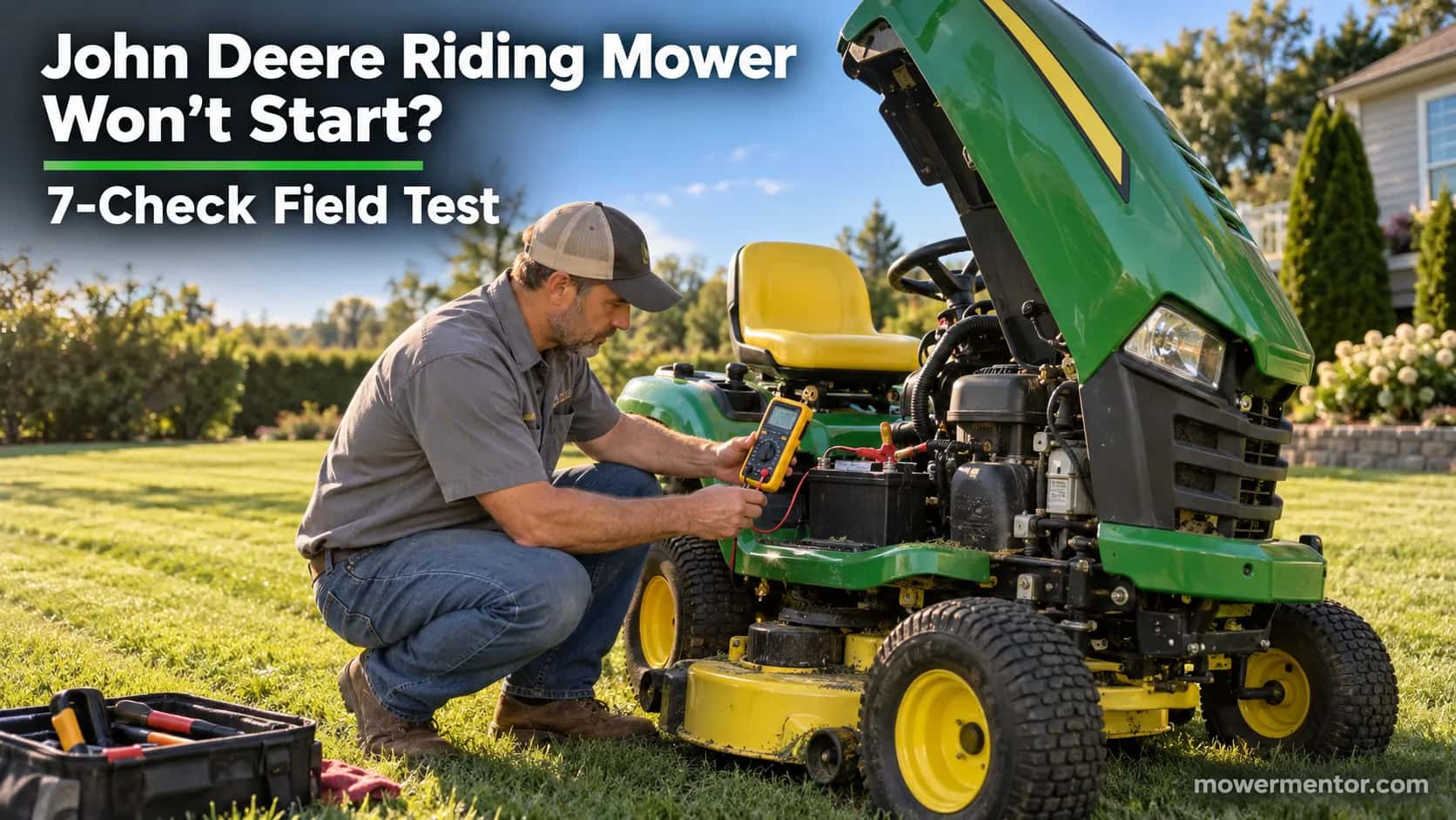 Technician testing the battery on a John Deere riding mower that won't start