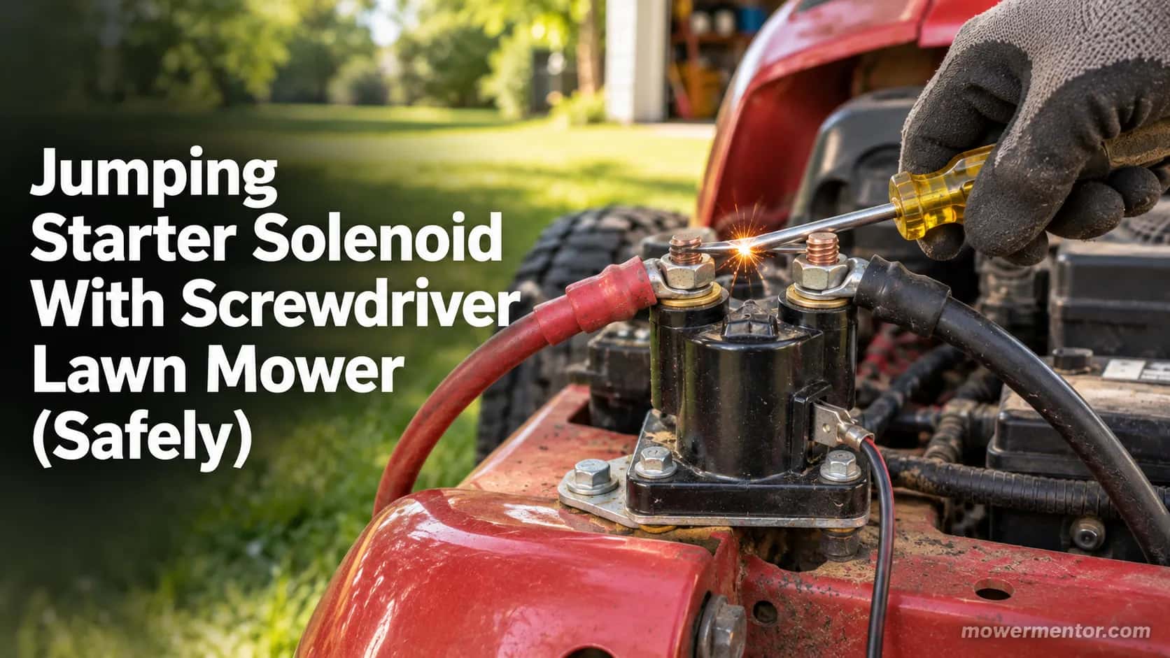 Gloved hand bridging a lawn mower starter solenoid's two large terminals with an insulated screwdriver