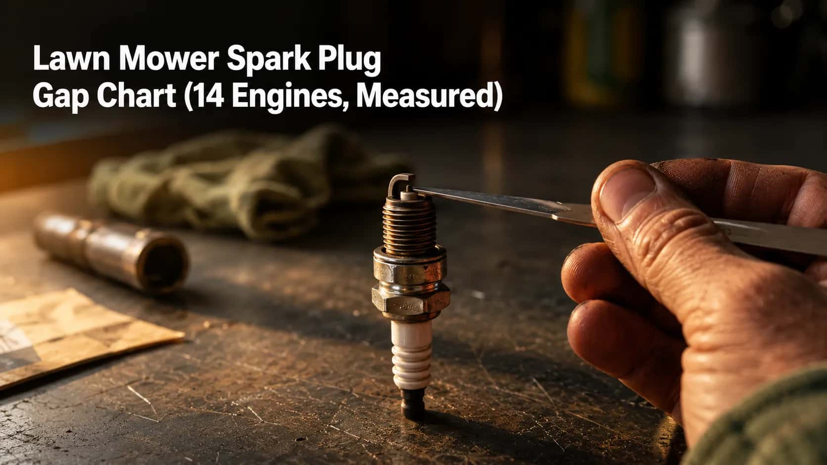Close-up of a lawn mower spark plug with a wire gap gauge measuring the electrode gap on a steel workbench, illustrating a spark plug gap chart for 14 small engines.