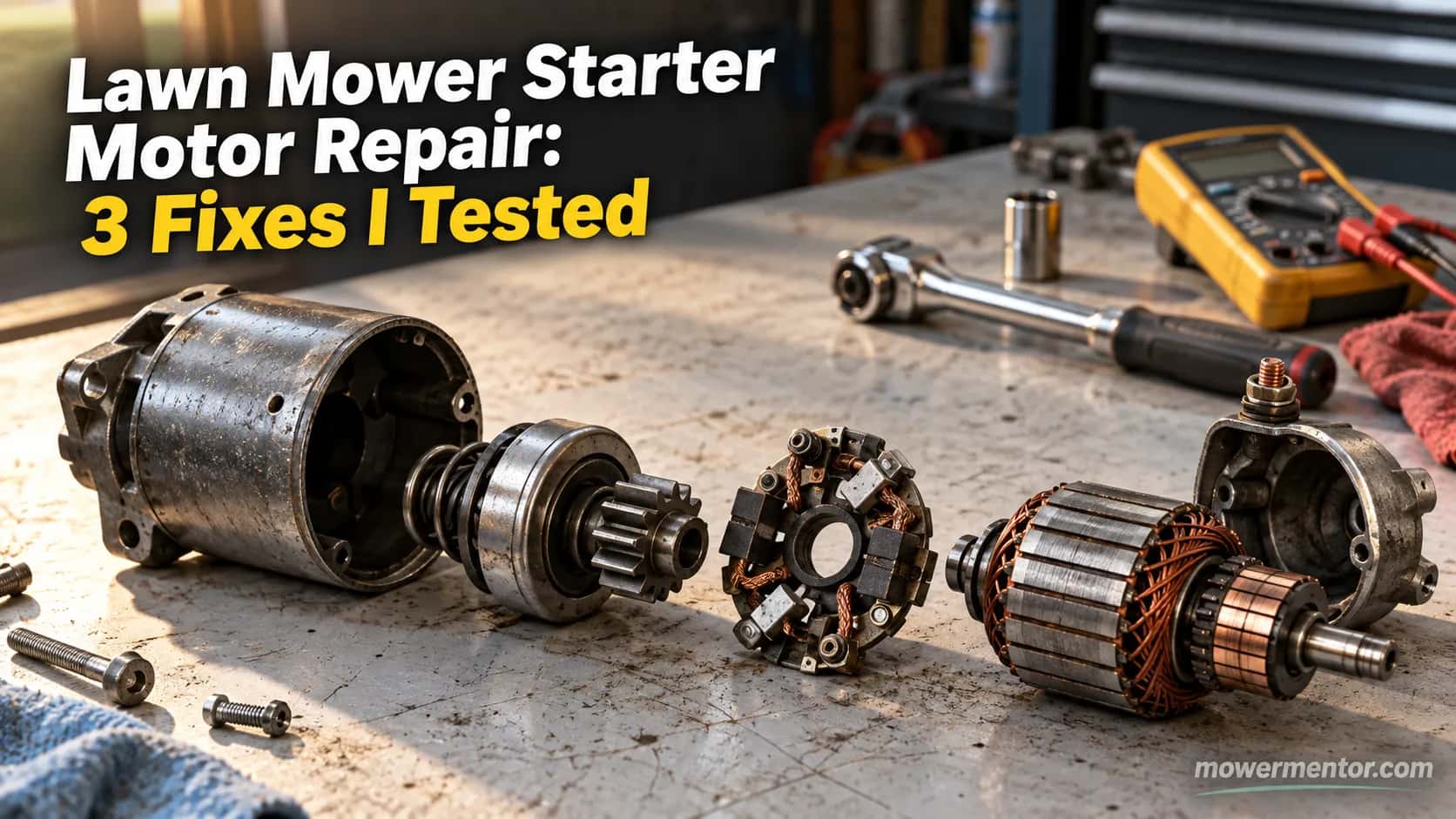 Disassembled lawn mower starter motor with Bendix gear, brush plate and armature laid out on a workbench.