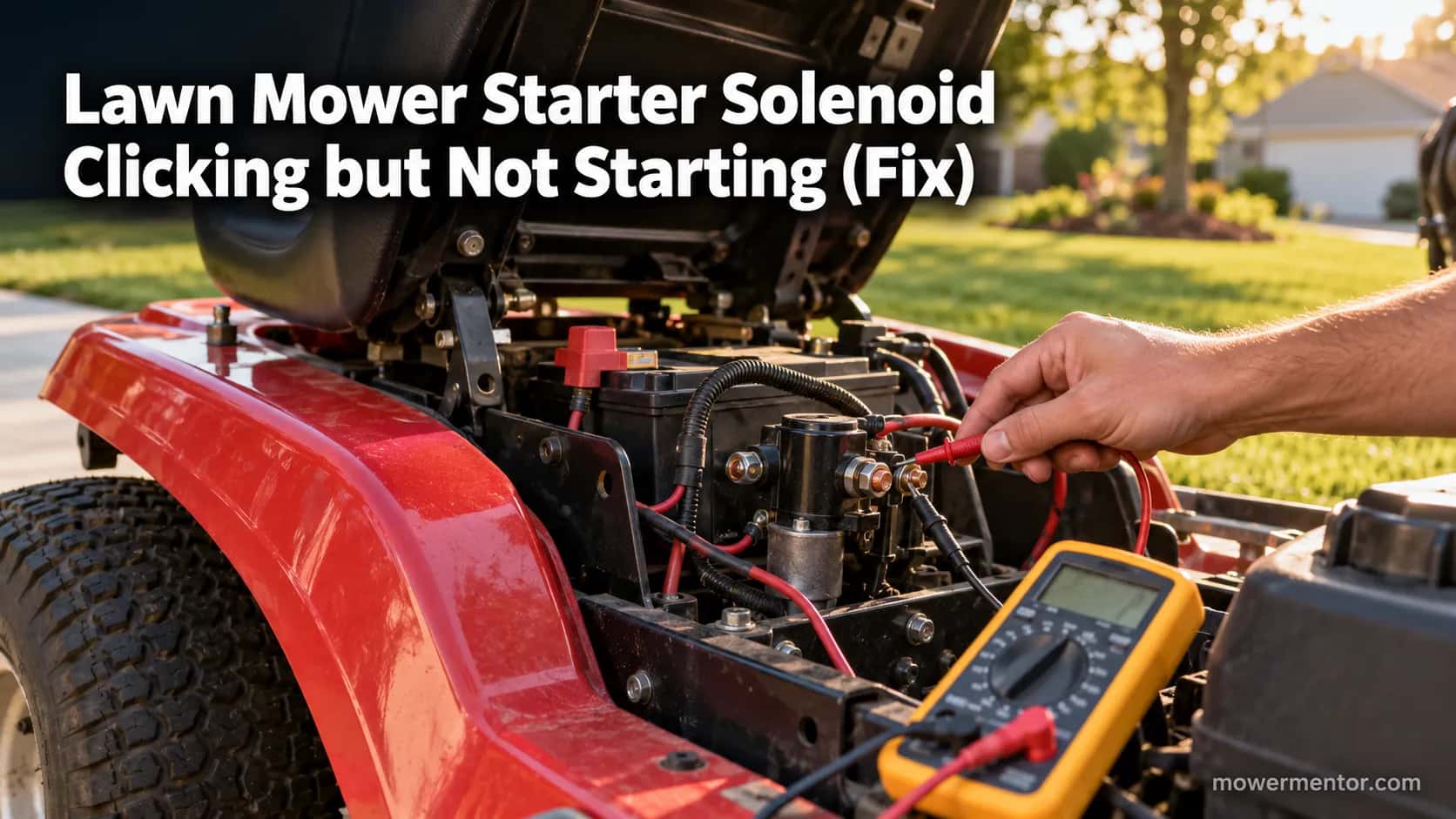 Hand testing a clicking riding mower starter solenoid with a yellow multimeter.