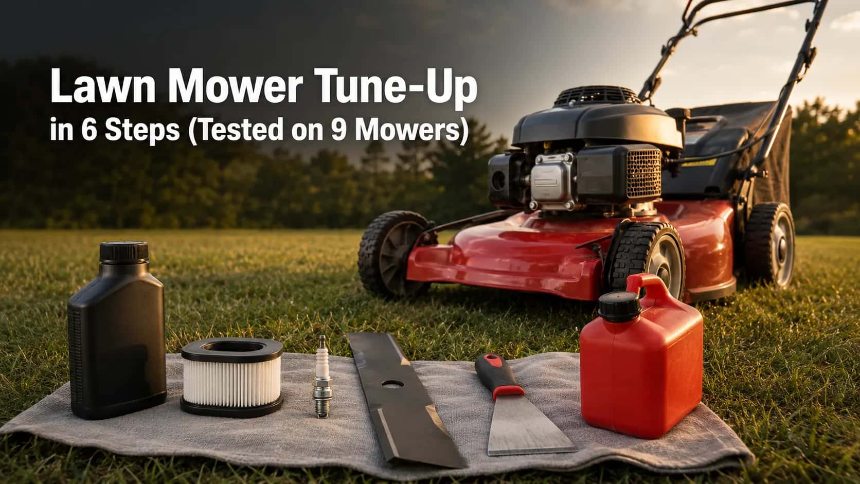Gas walk-behind lawn mower with engine oil, air filter, spark plug, sharpened blade, putty knife, and fuel can arranged on a cloth, illustrating a complete lawn mower tune-up in six steps.