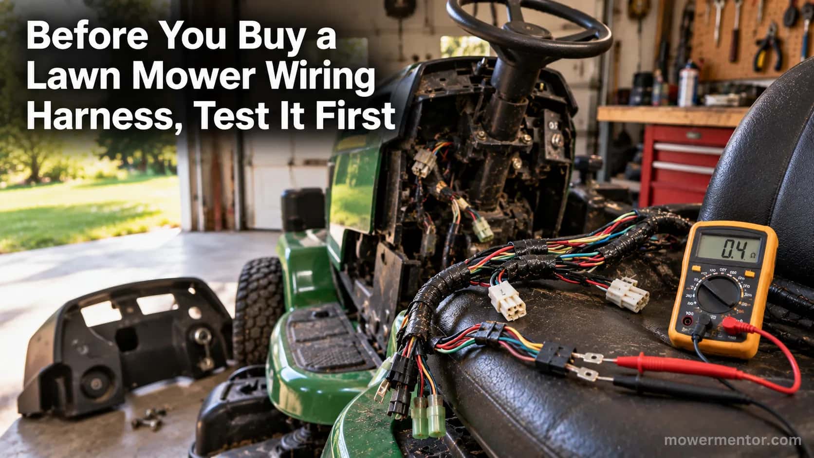 Riding mower wiring harness pulled out on a workbench next to a multimeter before testing