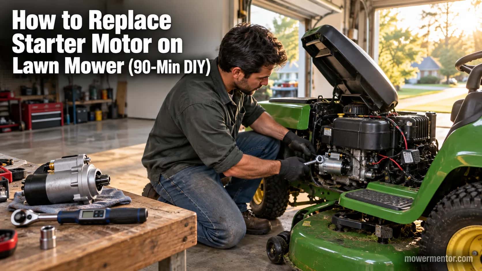 homeowner replacing the starter motor on a green riding lawn mower in a garage.