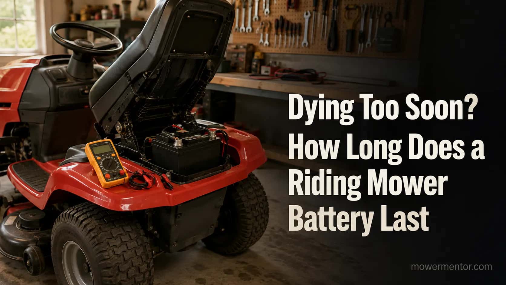 riding mower with seat up showing the 12V battery and a multimeter on the fender