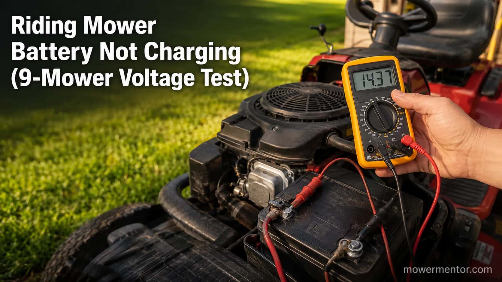 Testing a riding mower battery that is not charging with a multimeter on the battery terminals.