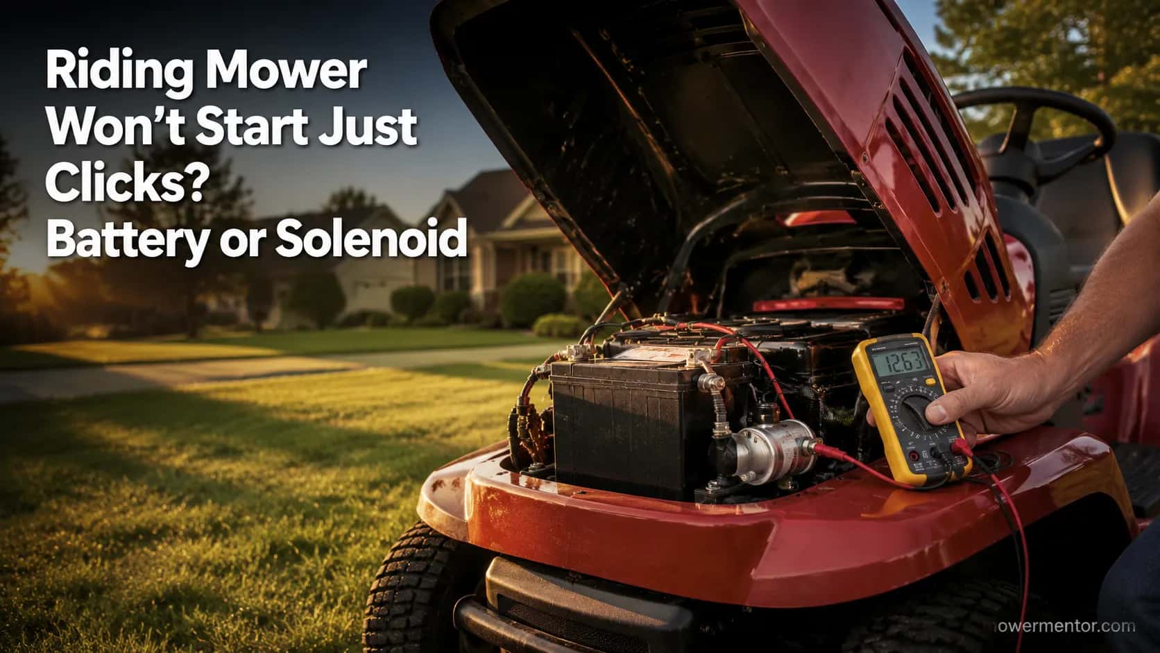 riding mower with hood open showing battery and solenoid while a homeowner tests it with a yellow multimeter