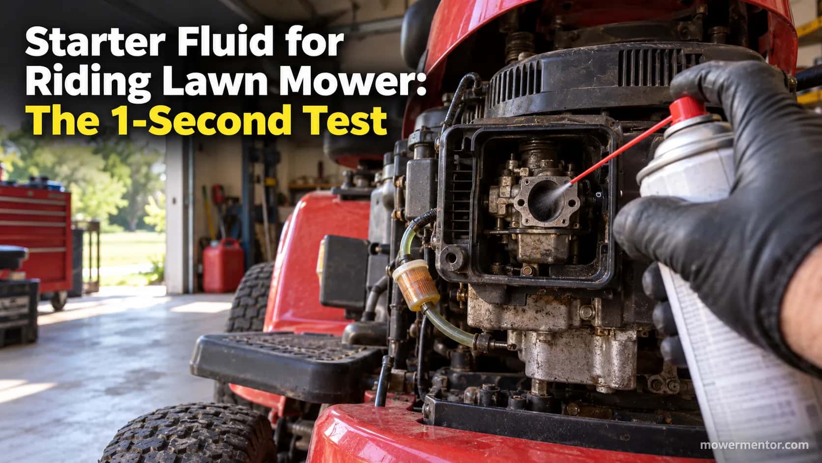 Gloved hand spraying starter fluid into a riding lawn mower carburetor throat with the air filter removed.