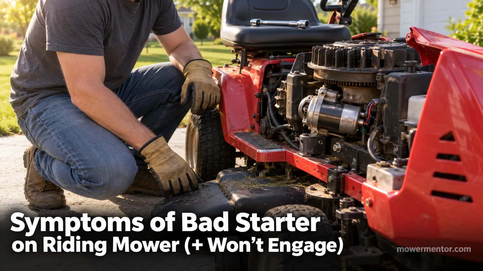 person inspecting the exposed starter on a red riding lawn mower with the engine cover removed