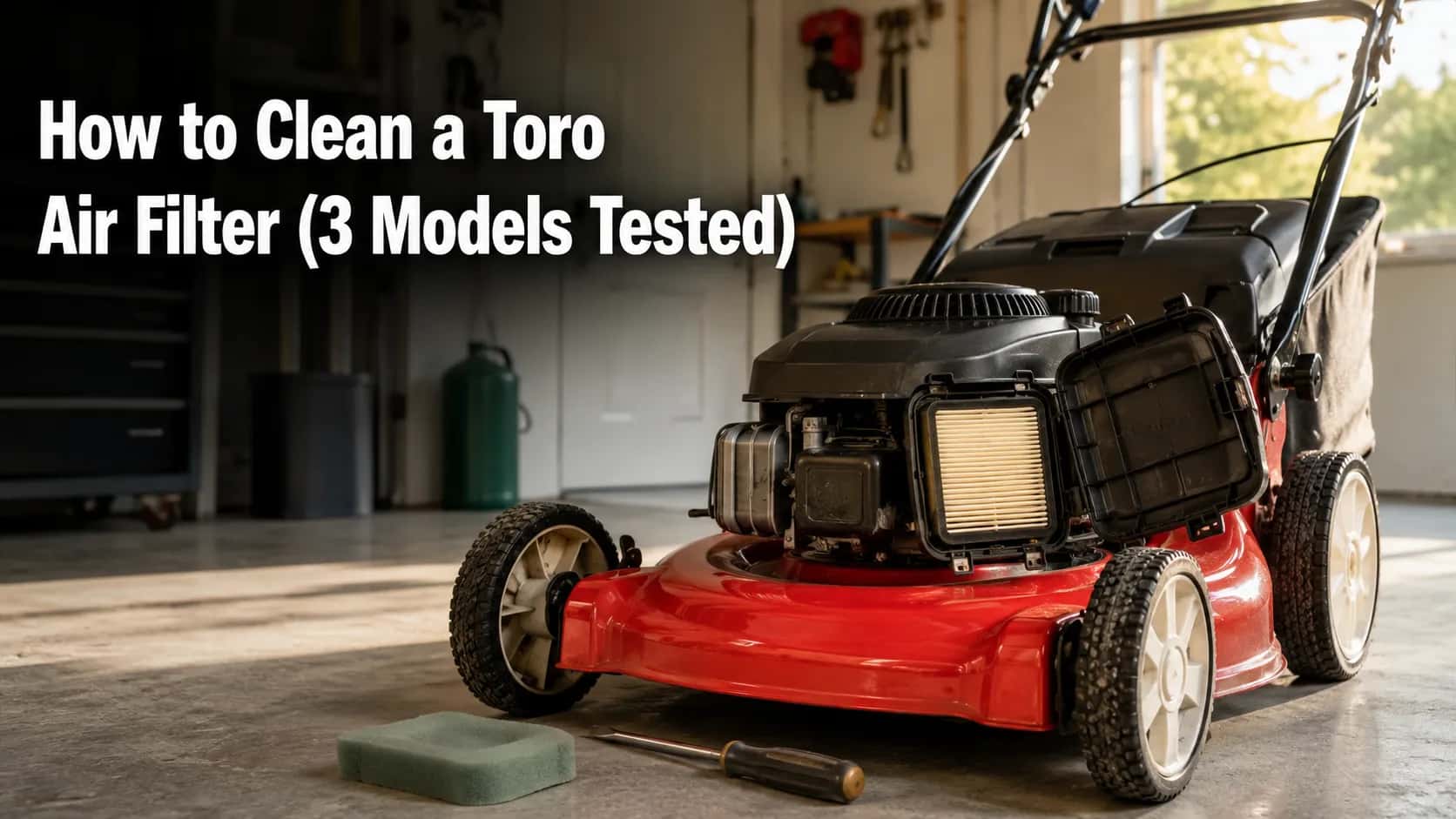 Red walk-behind mower in a bright garage with the side air filter housing open, showing a clean paper filter and foam pre-cleaner beside a screwdriver, ready for maintenance.