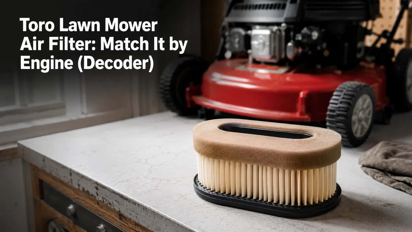 Genuine Toro lawn mower air filter with a foam pre-cleaner on a clean workbench, with a red Toro Recycler mower softly blurred behind it, illustrating engine-specific air filter matching.