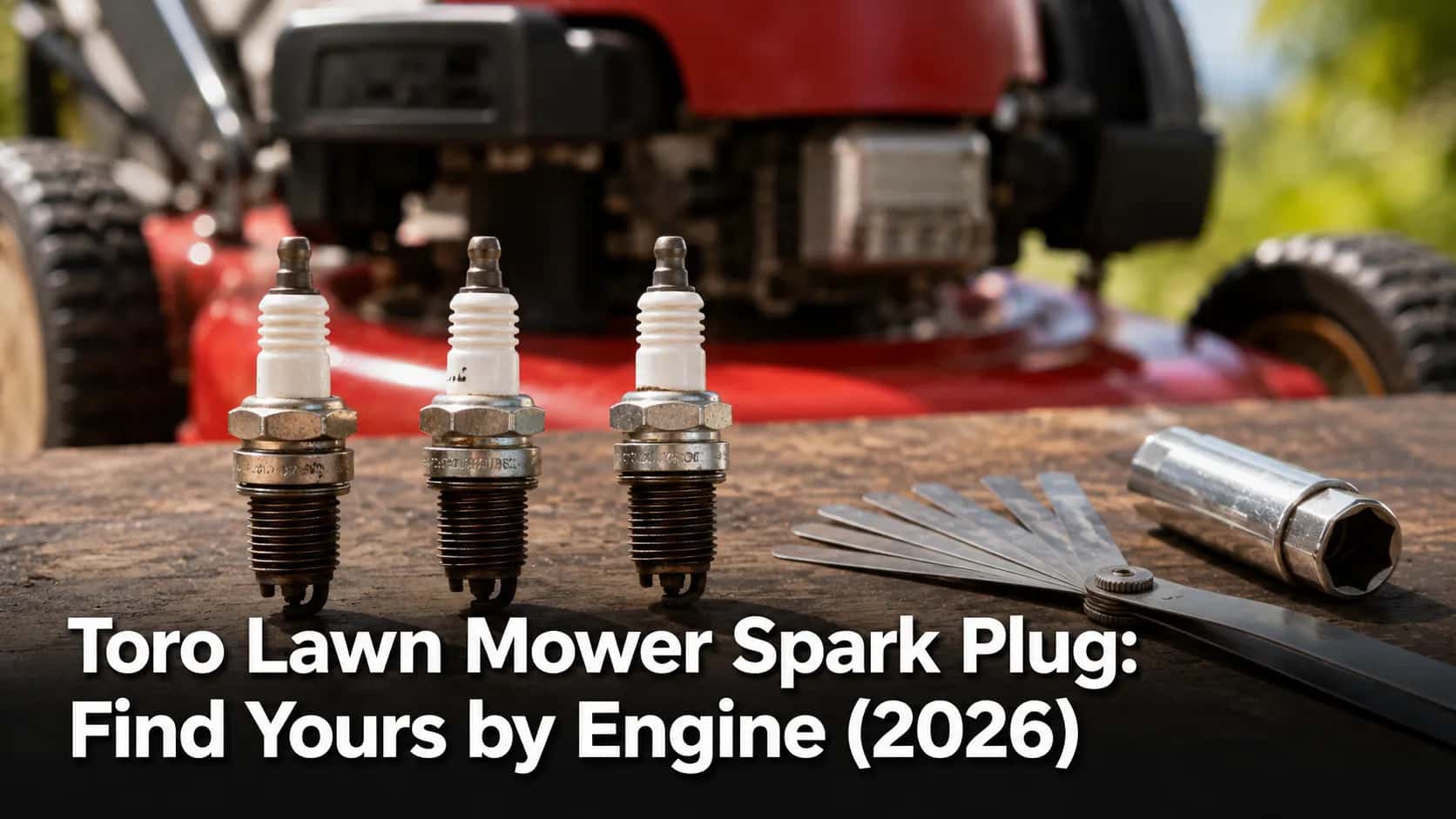 Three small-engine spark plugs on a workbench beside a feeler gauge and spark plug socket, with a red Toro lawn mower engine blurred in the background.