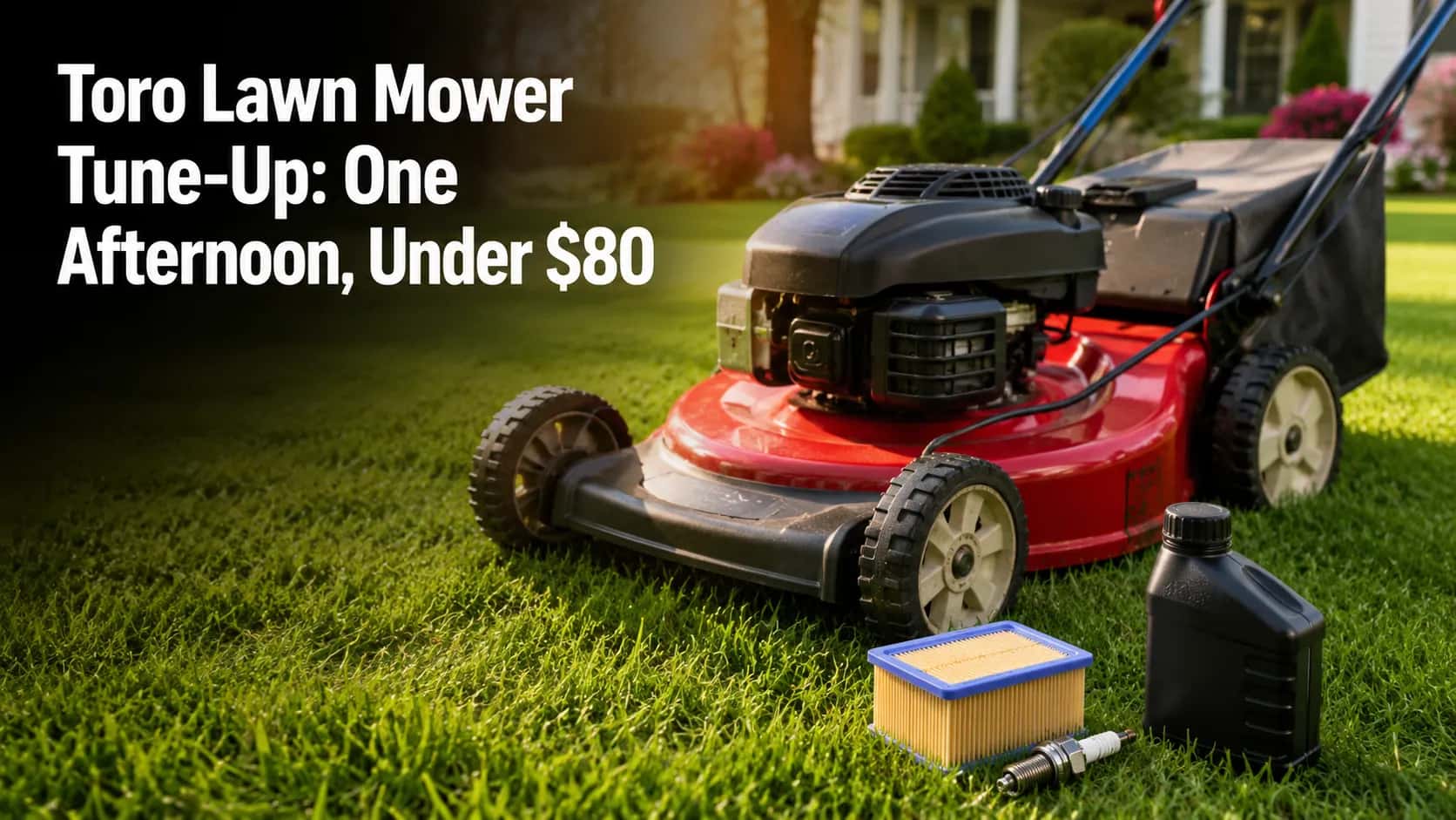 Red Toro walk-behind lawn mower on a freshly cut spring lawn with a paper air filter, spark plug, and bottle of engine oil arranged on the grass in the foreground, illustrating a lawn mower tune-up.