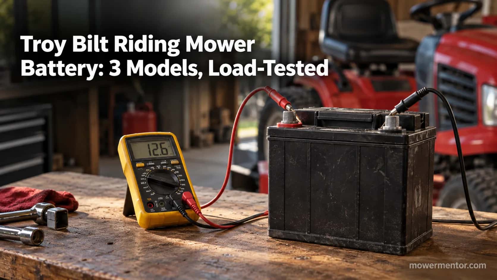 A Group U1 Troy-Bilt riding mower battery on a workbench beside a multimeter during a load test.