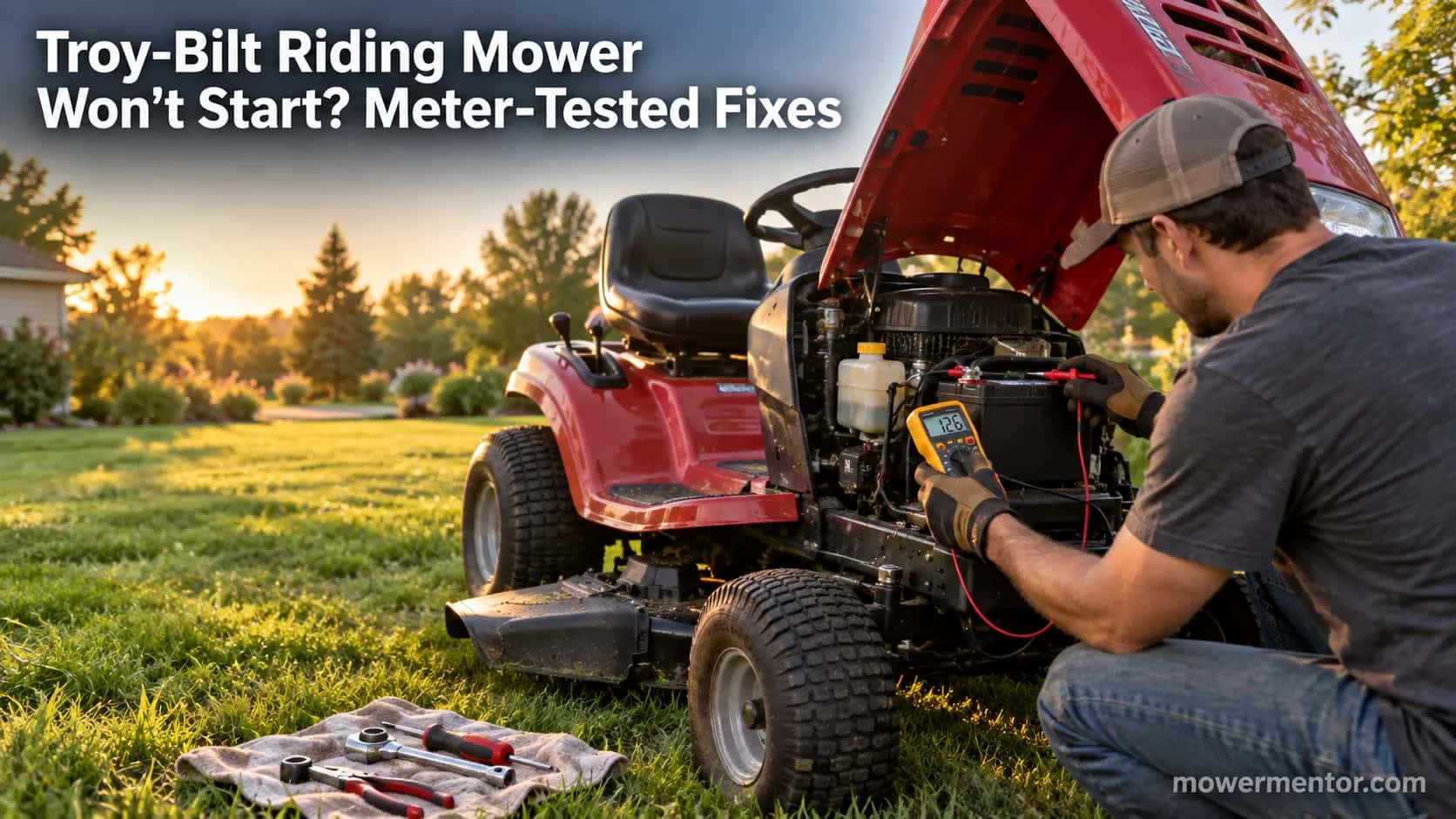 Homeowner meter-testing why a Troy-Bilt riding mower won't start