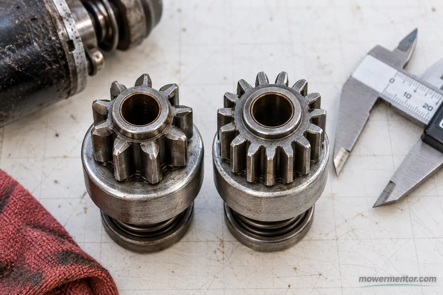 14 tooth and 16 tooth lawn mower starter pinion gears compared side by side.
