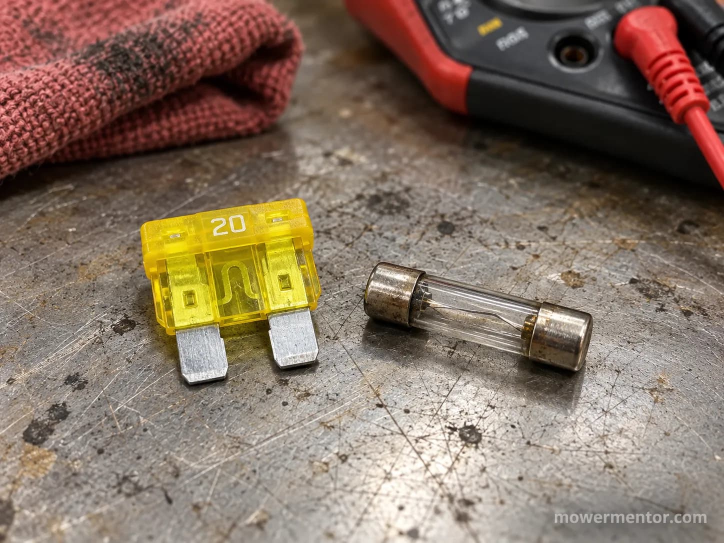 A yellow 20 amp blade fuse beside an older glass tube fuse on a workbench.