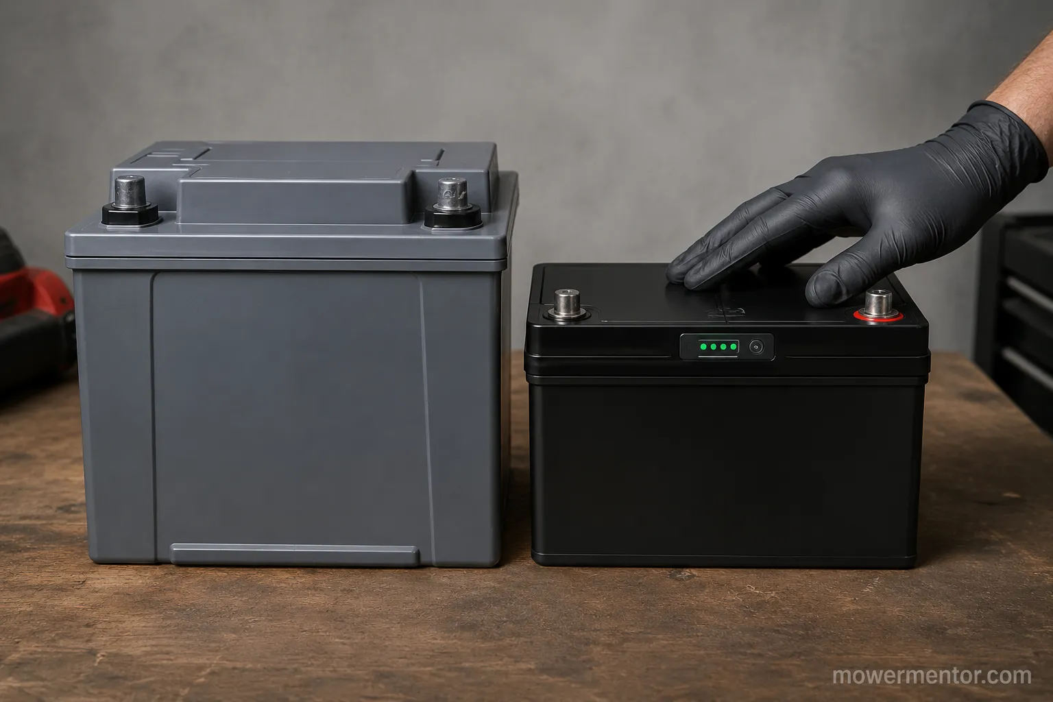 AGM and lithium U1 riding mower batteries compared side by side on a bench
