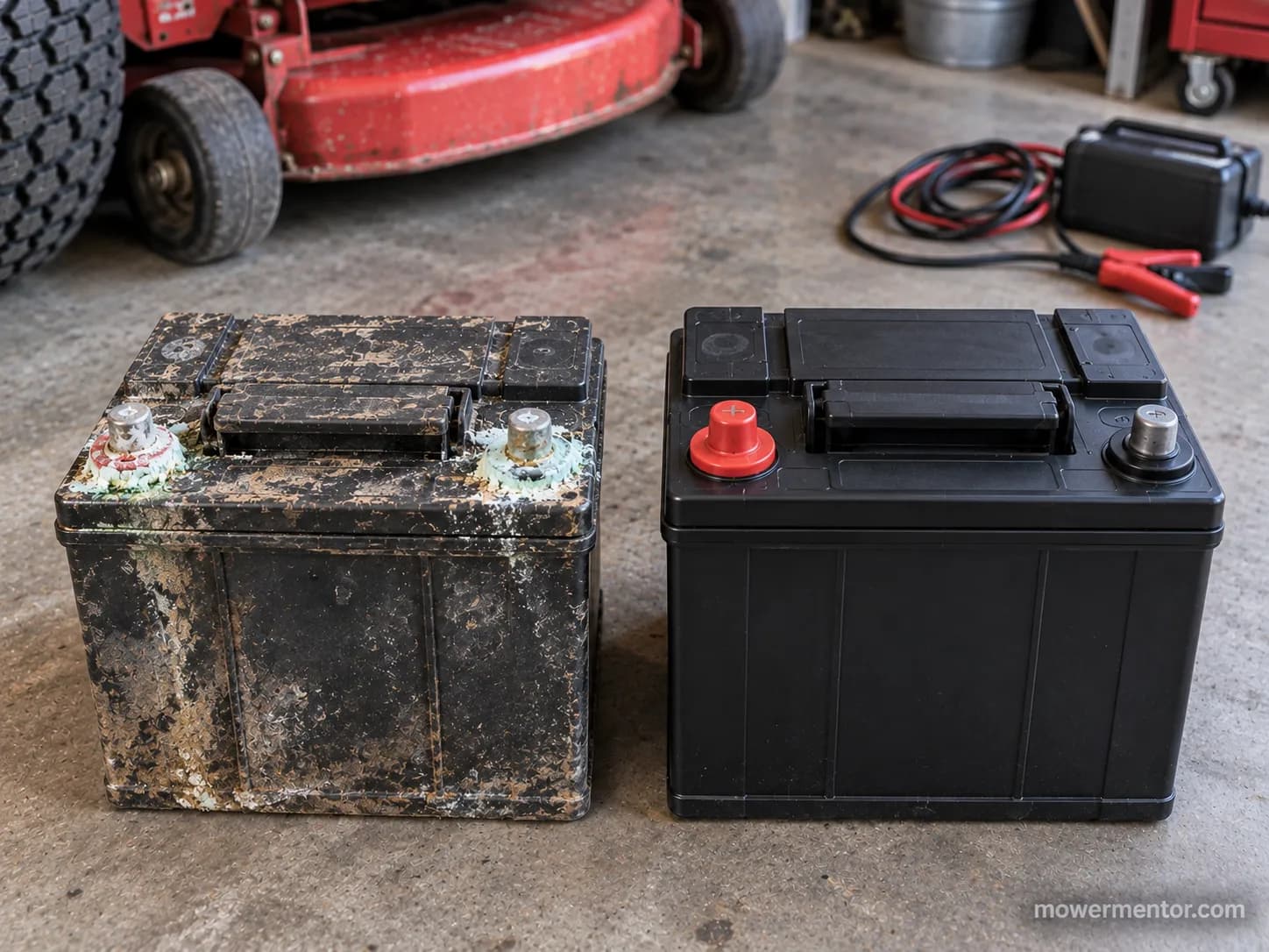 A corroded flooded mower battery beside a clean replacement AGM U1 battery on a garage floor.