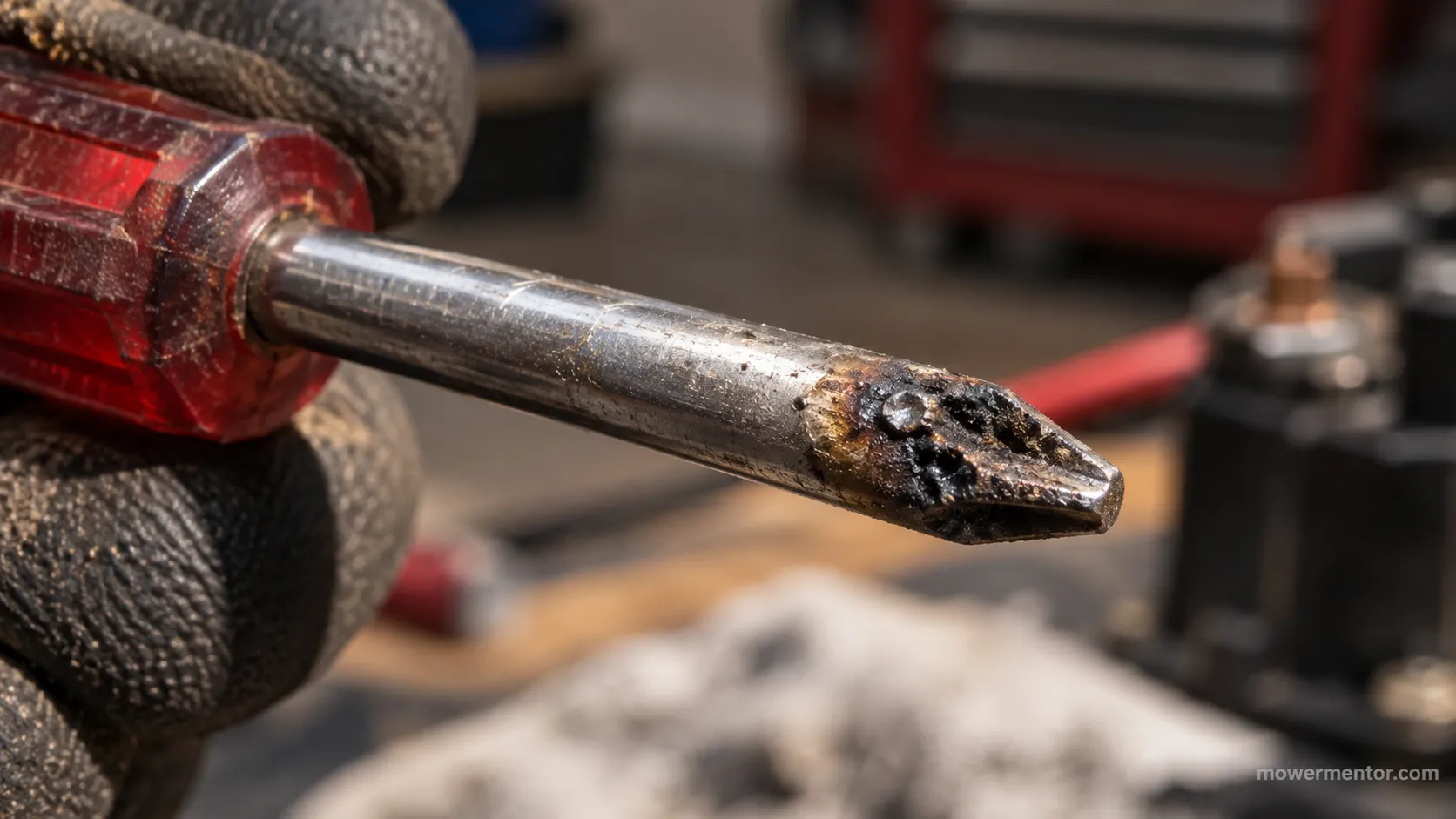 Screwdriver tip pitted and blackened by an arc from bridging a mower starter solenoid