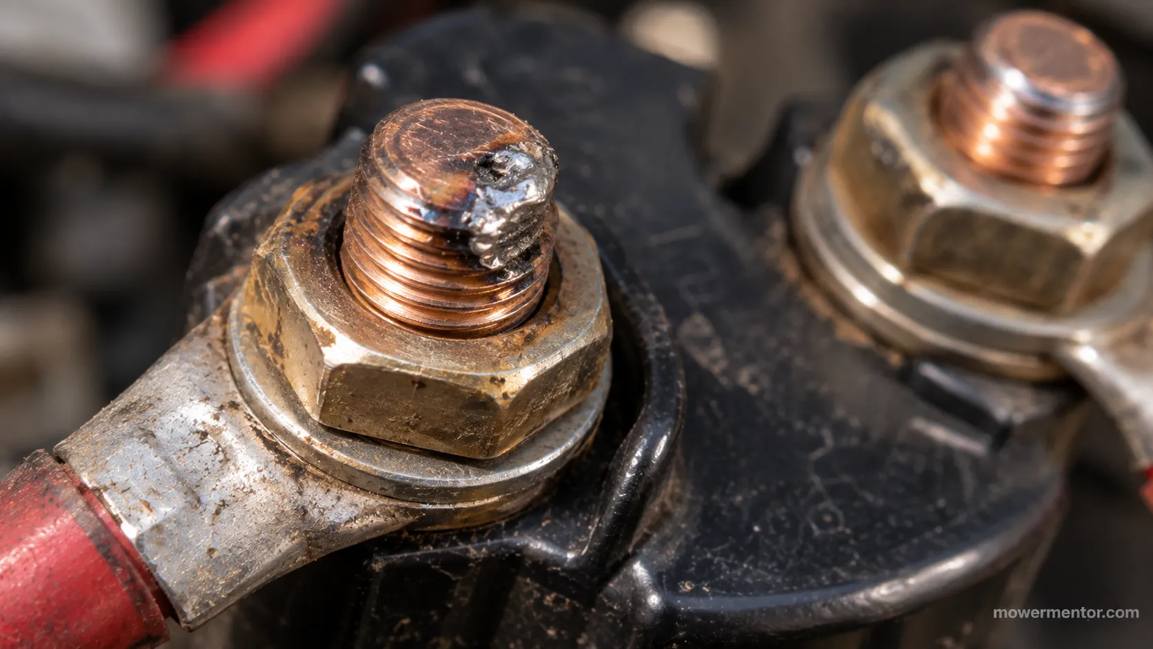 Arc weld mark on a mower starter solenoid terminal from holding a screwdriver bridge too long