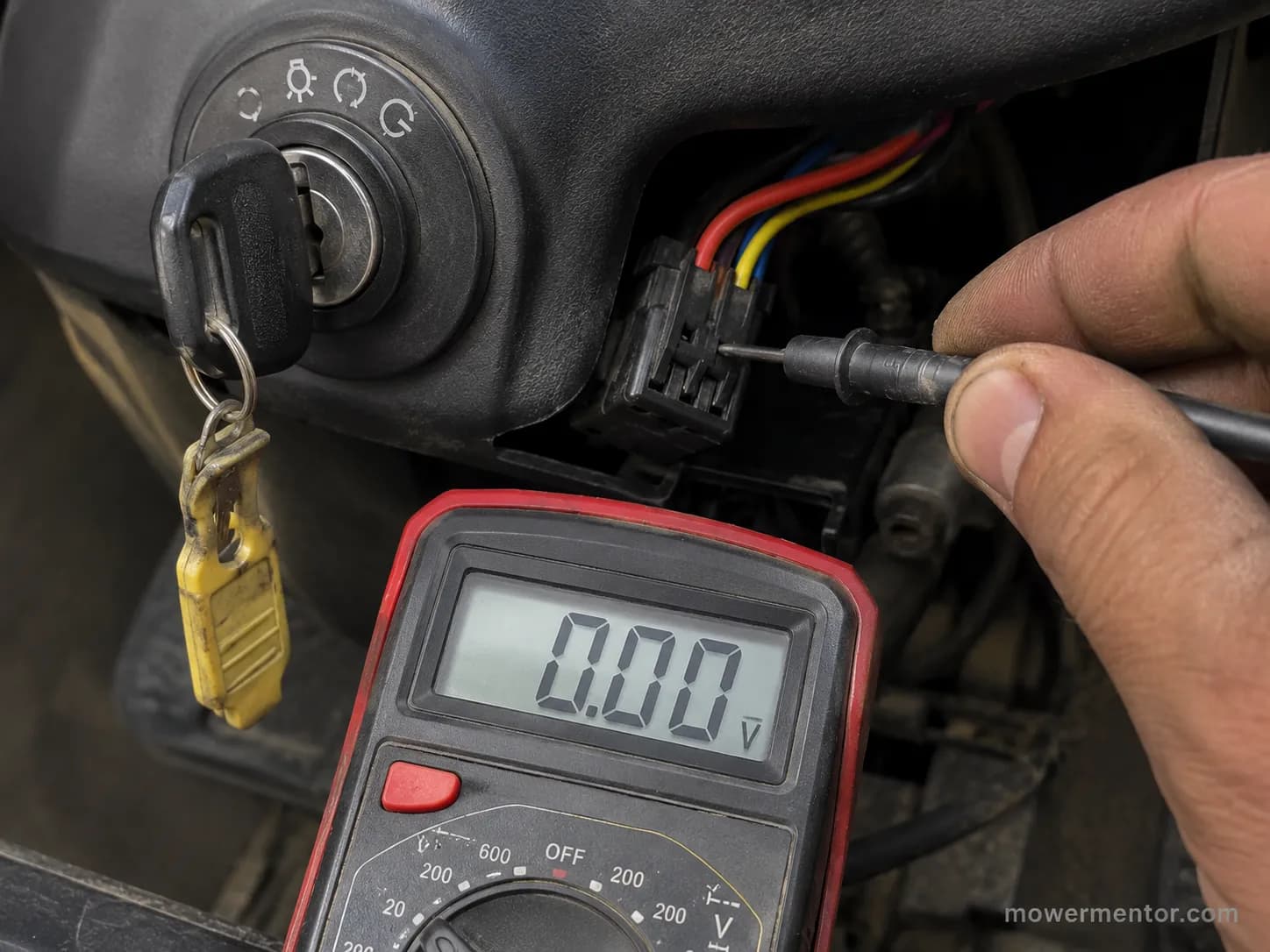 back-probing a riding mower ignition switch start terminal for voltage.