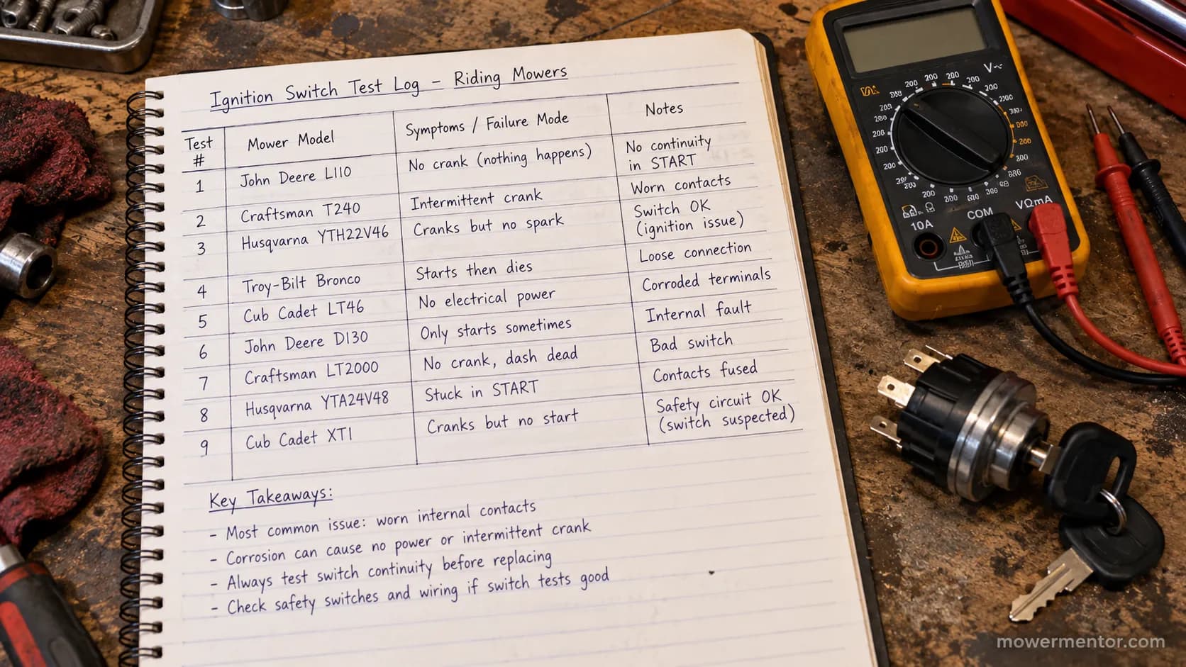 log of bad riding mower ignition switch symptoms by failure mode