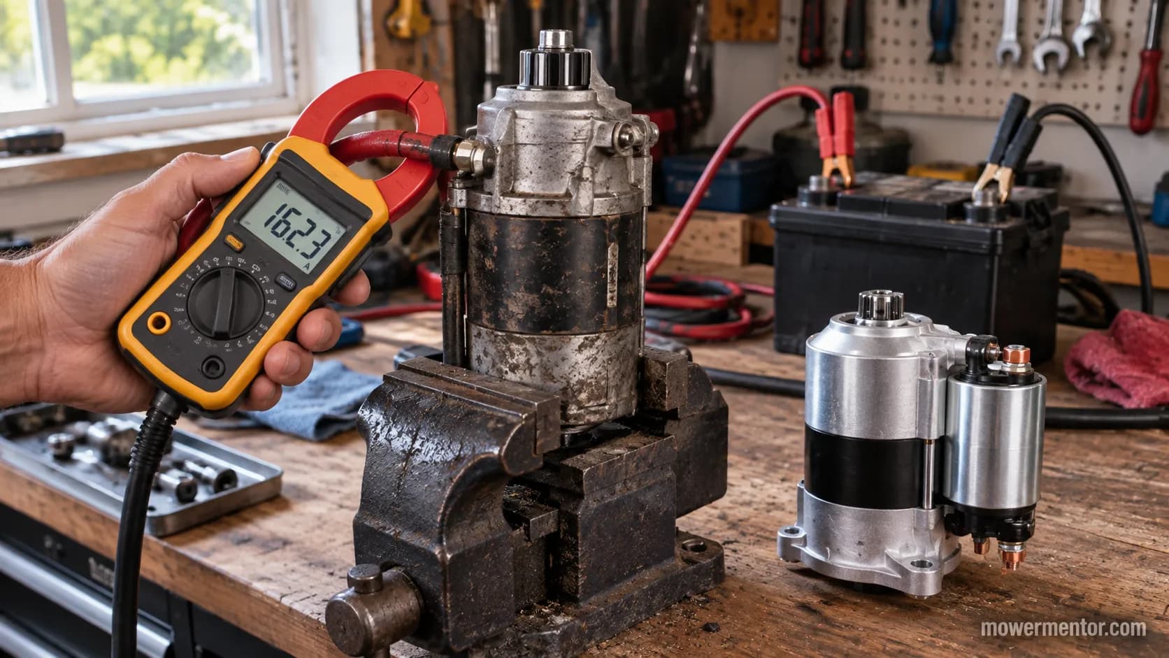 clamp meter showing high no-load amp draw on a failed mower starter.