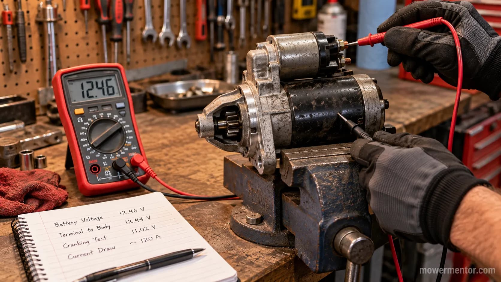 riding mower starter clamped in a vise with multimeter probes during symptom testing