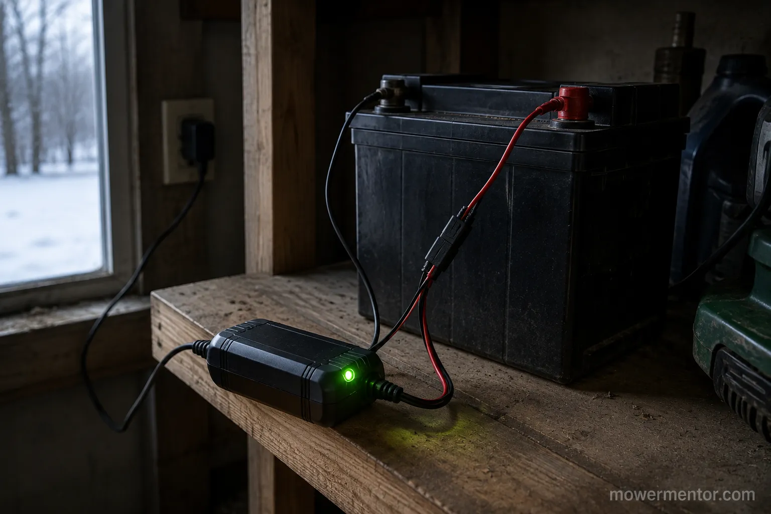 battery maintainer clipped to pigtail leads on a stored riding mower battery with a green light