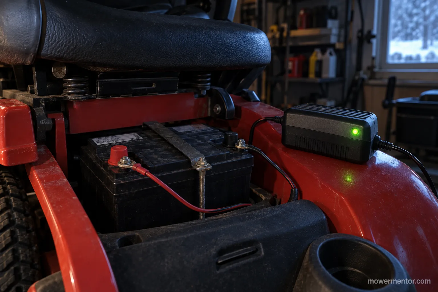 Battery maintainer connected to a Husqvarna riding mower battery over winter with a green status light.